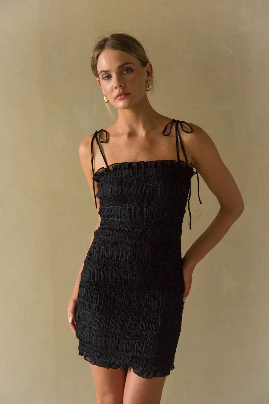 Alani Smocked Ruffle Bodycon Mini Dress date style