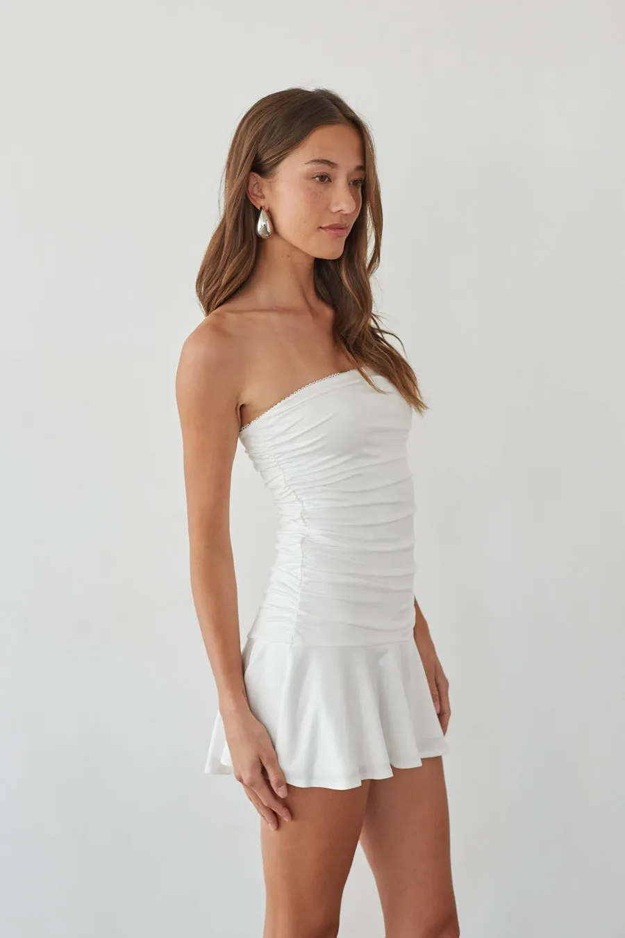 Alora Strapless Ruched Mini Dress vibe glow