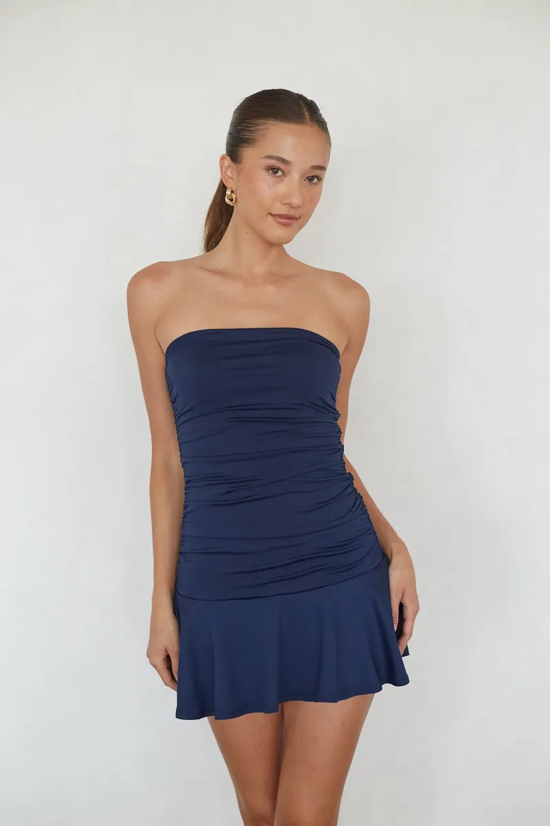 Alora Strapless Ruched Mini Dress vibe glow