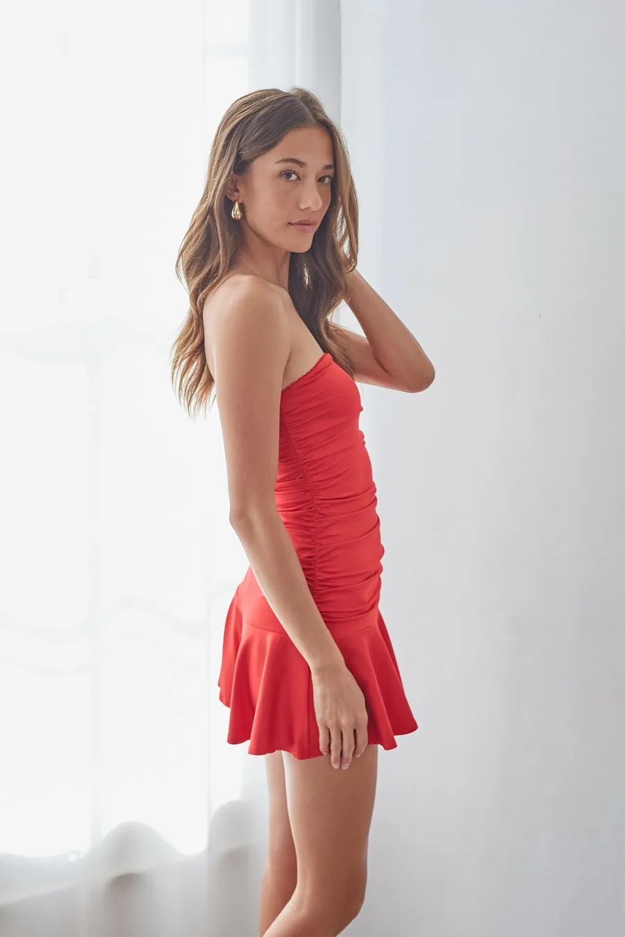 Alora Strapless Ruched Mini Dress vibe glow