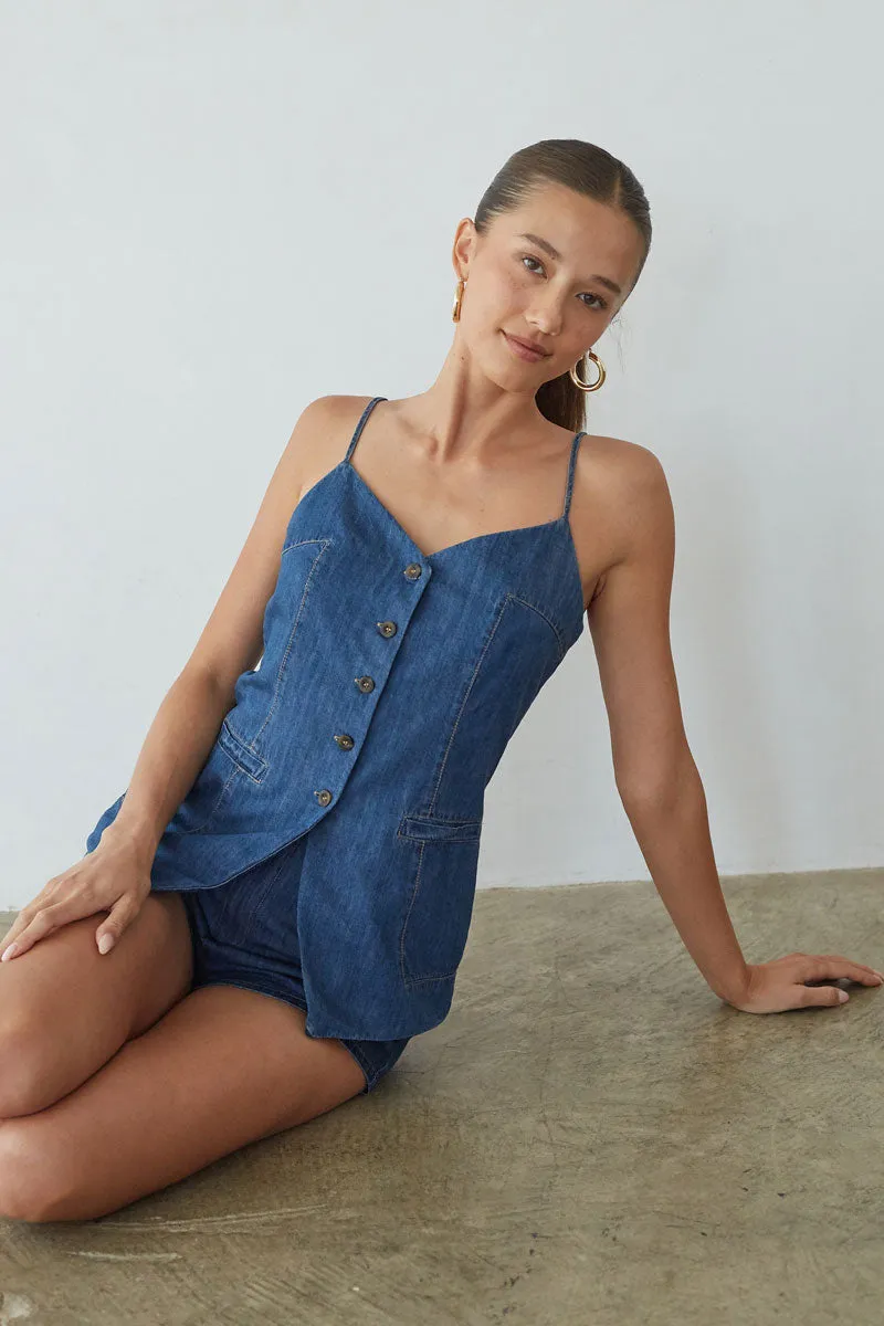 Amena Mid Rise Denim Shorts hiking trail