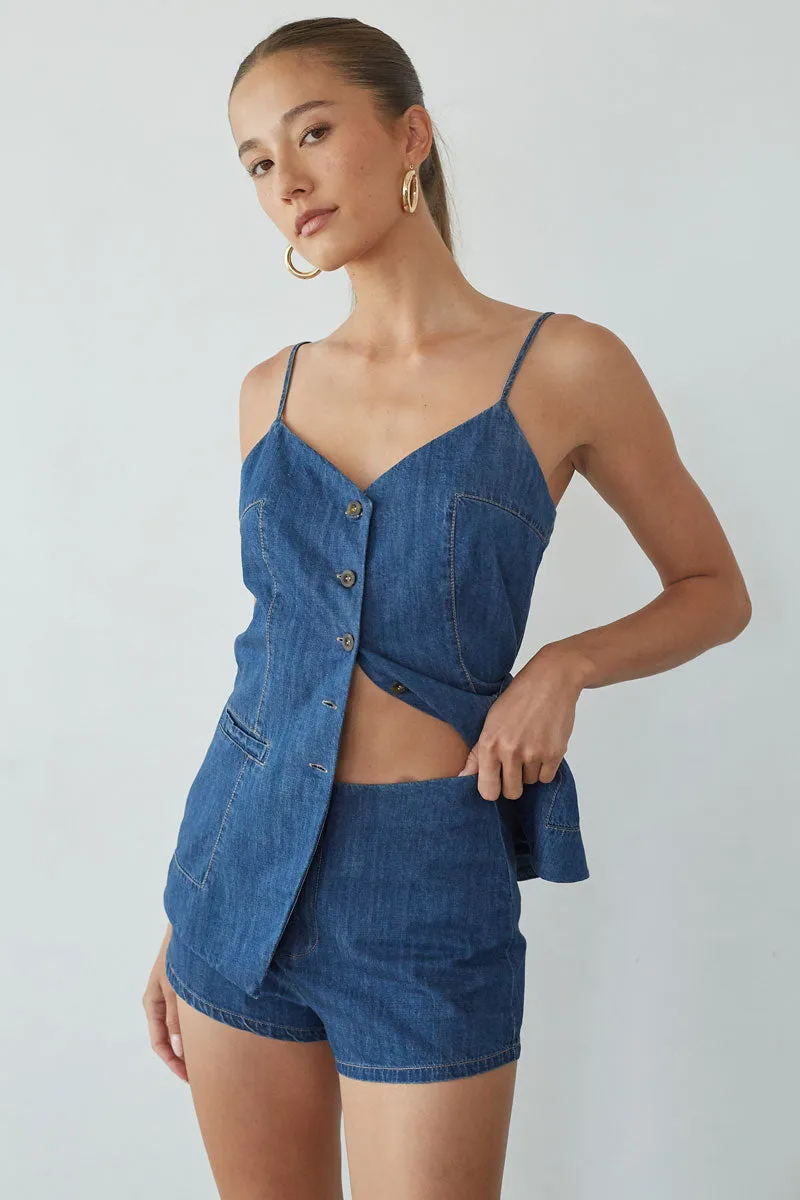 Amena Mid Rise Denim Shorts hiking trail