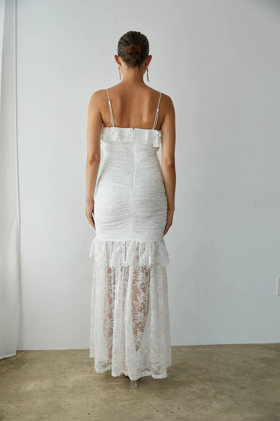 Aphrodite Lace Ruched Rosette Maxi Dress date style