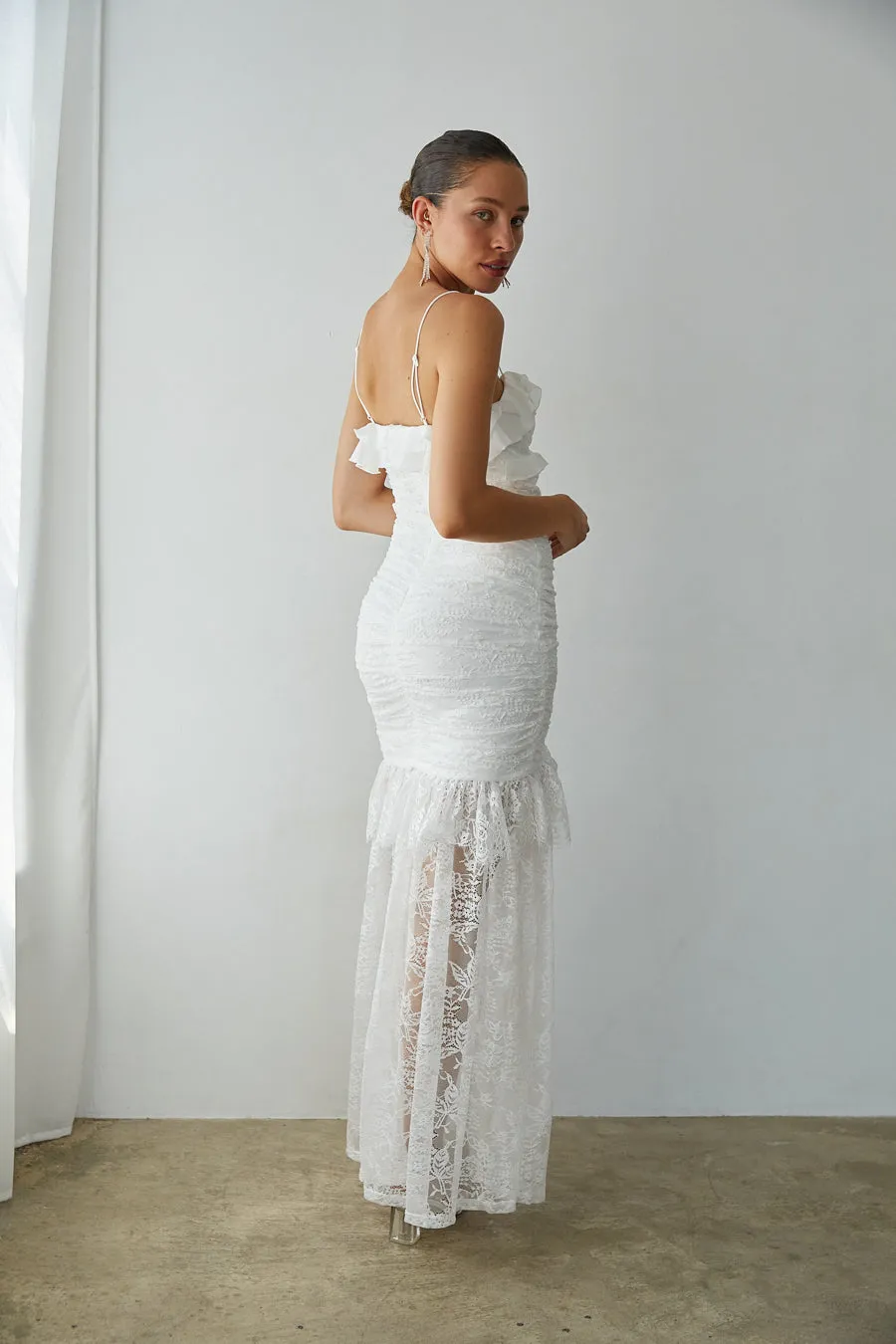 Aphrodite Lace Ruched Rosette Maxi Dress date style