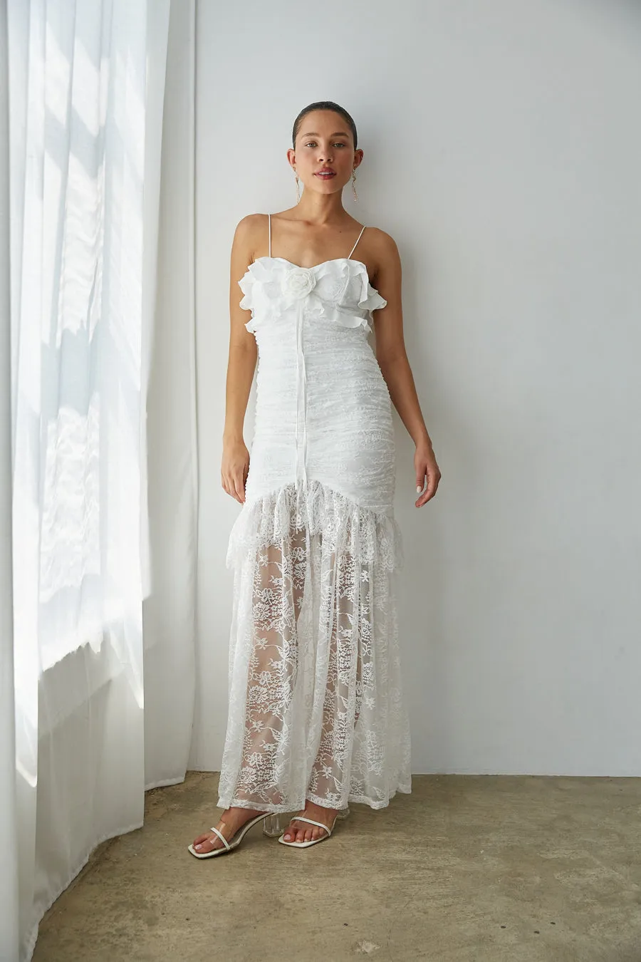 Aphrodite Lace Ruched Rosette Maxi Dress date style