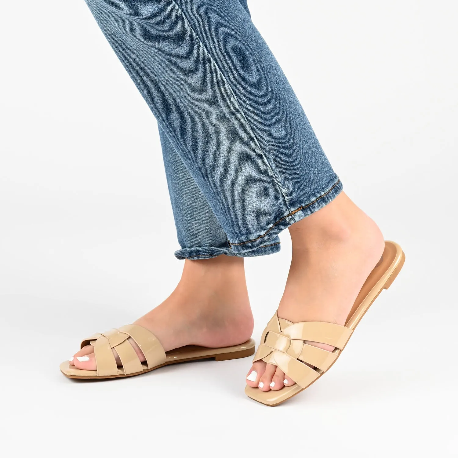ARRINA BASIC PATENT SLIDE SANDALS IN WIDE lake vibe