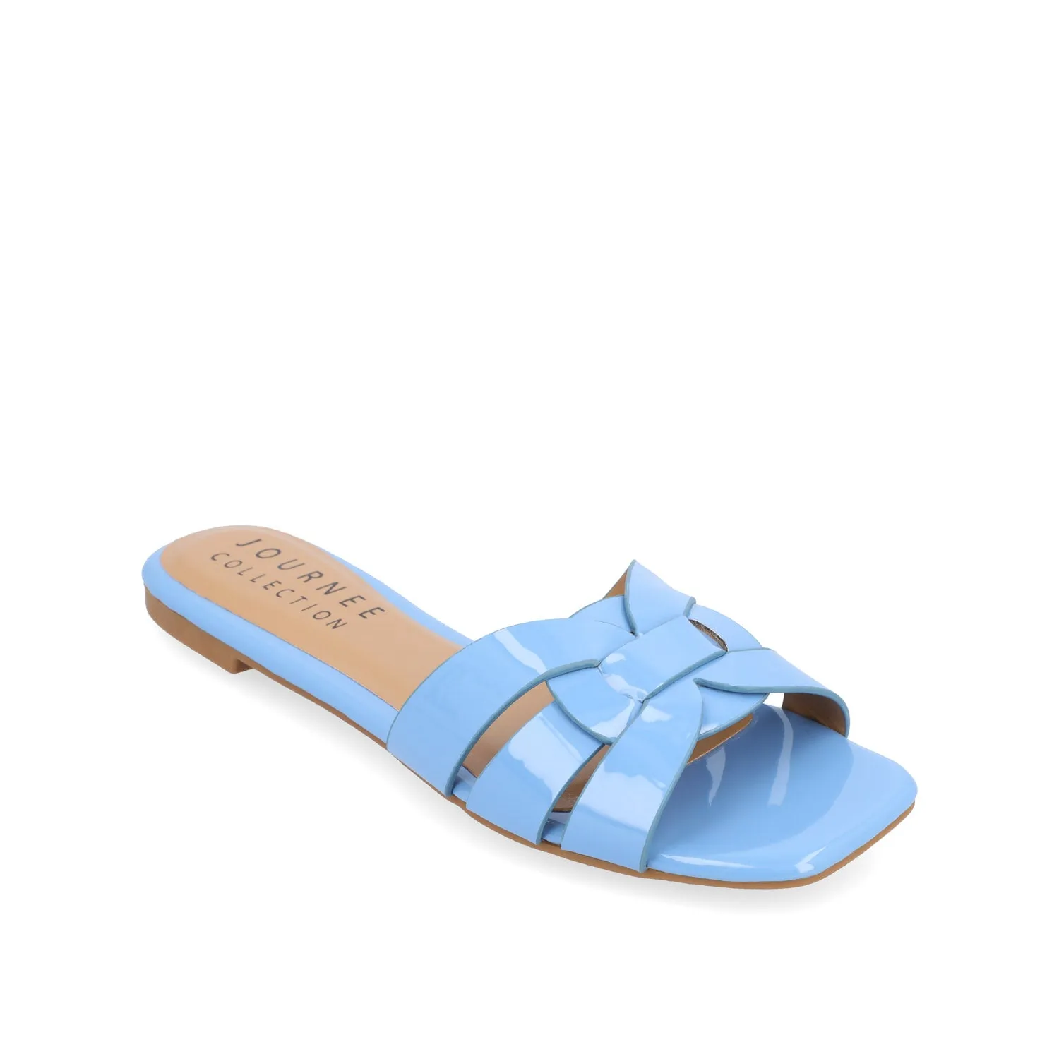 ARRINA SLIDE SANDALS IN STATEMENT PATENT sunny skin