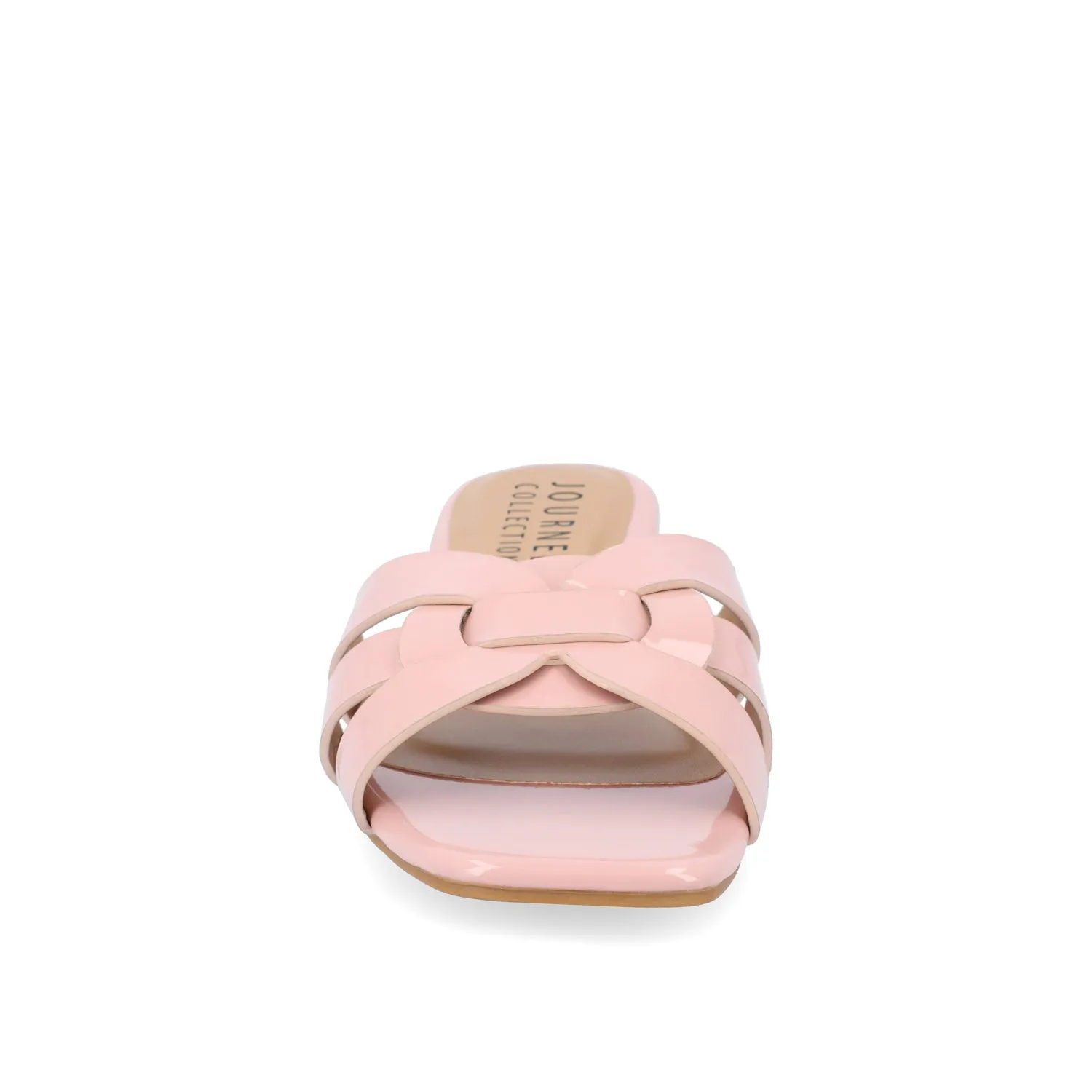 ARRINA SLIDE SANDALS IN STATEMENT PATENT sunny skin