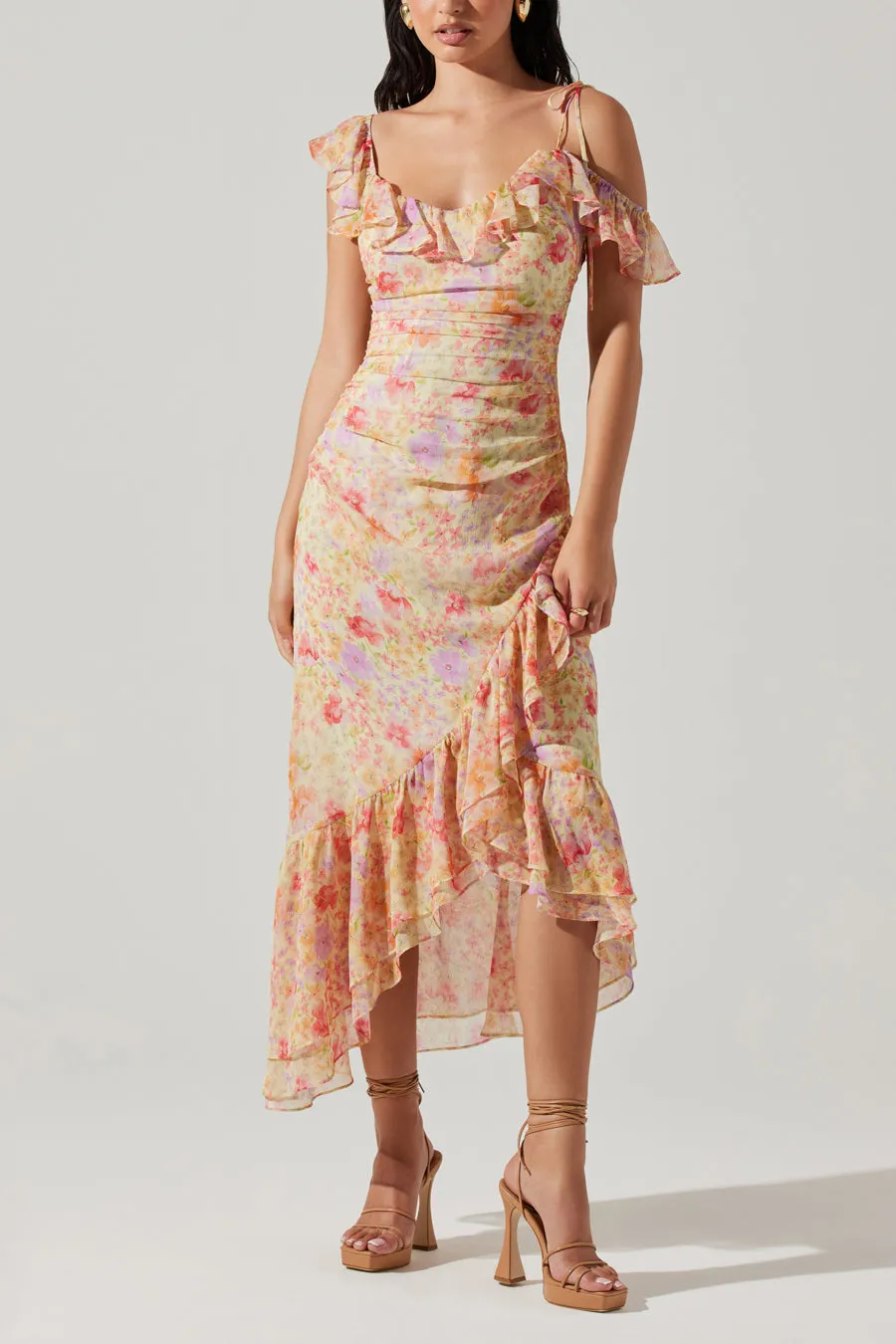 ASTR Luvita Floral Ruffle Chiffon Midi Dress knit fall