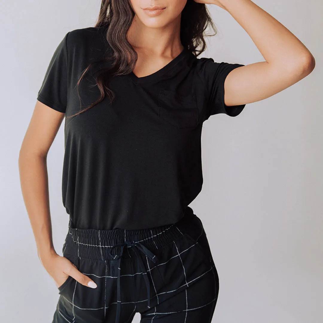 Basic V Neck Tee, Bamboo Black relaxed drop