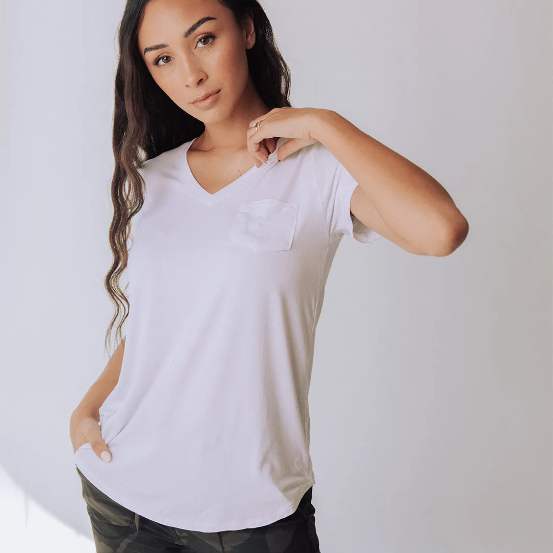 Basic V Neck Tee, Bamboo White self power