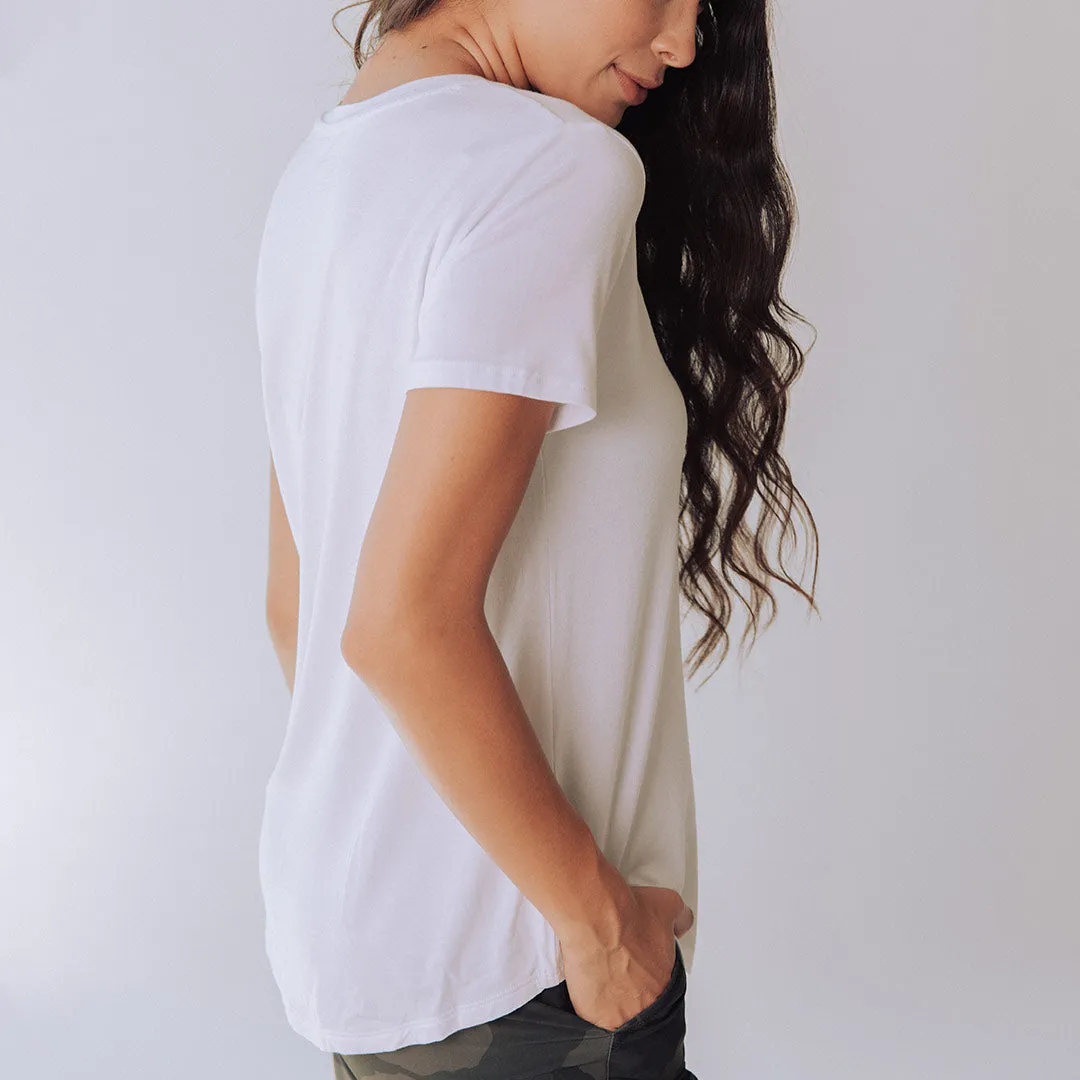 Basic V Neck Tee, Bamboo White self power