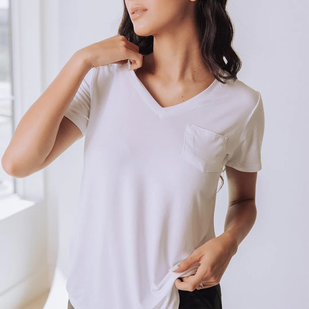 Basic V Neck Tee, Bamboo White self power