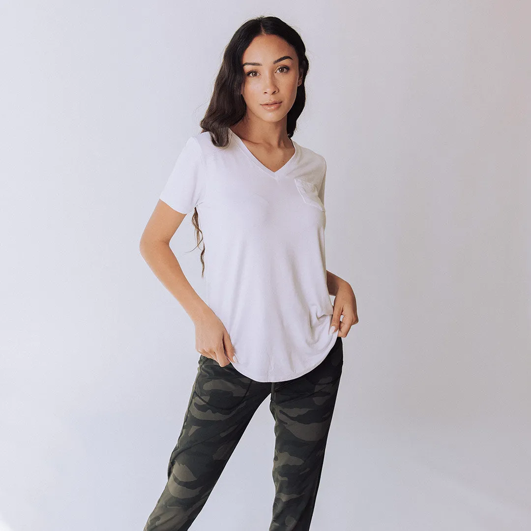 Basic V Neck Tee, Bamboo White self power