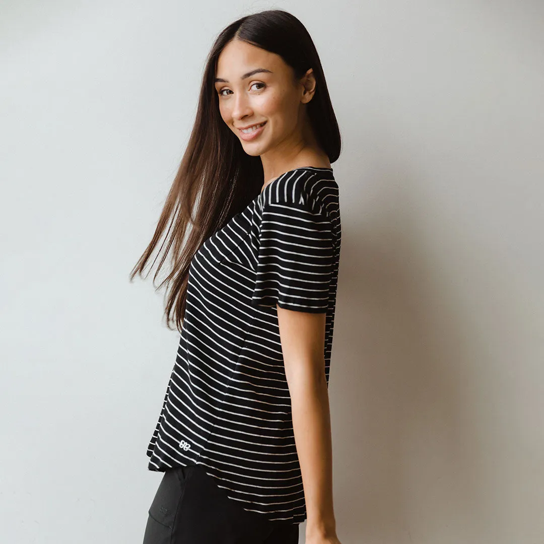 Basic V Neck Tee, Chunky Black and White Stripe plus body