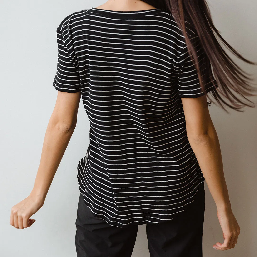 Basic V Neck Tee, Chunky Black and White Stripe plus body