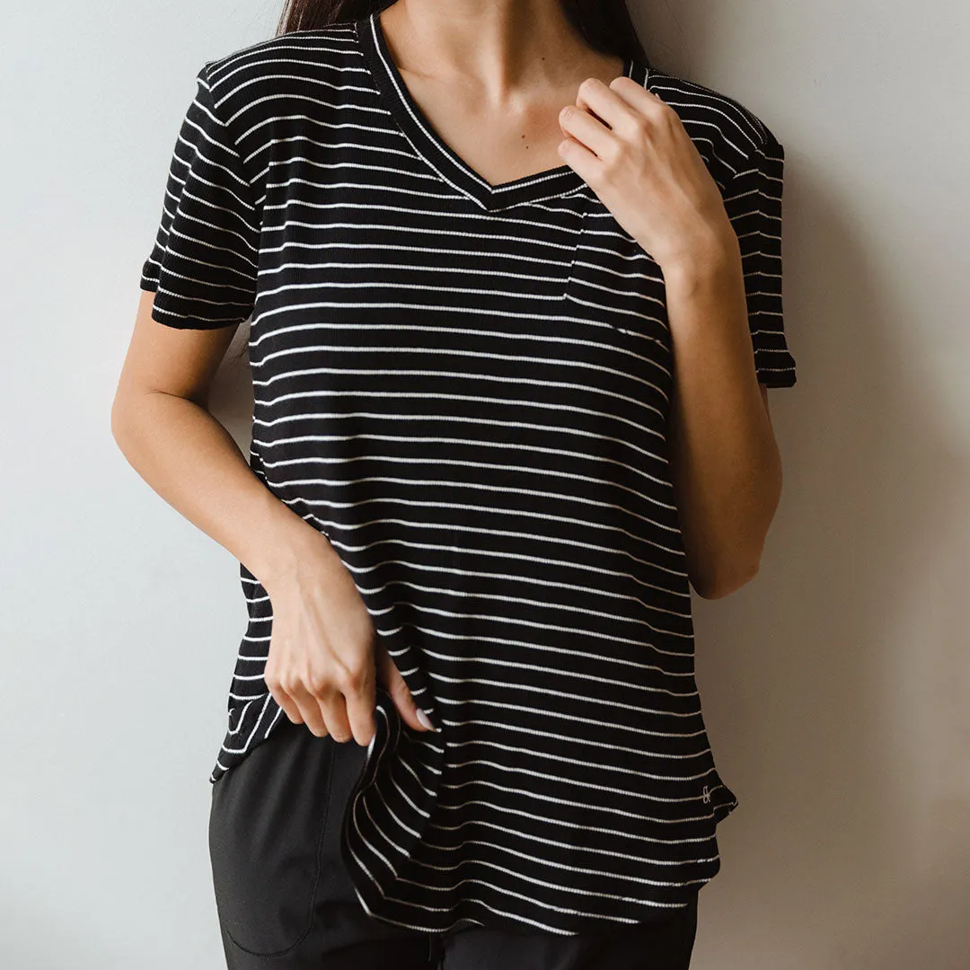 Basic V Neck Tee, Chunky Black and White Stripe plus body