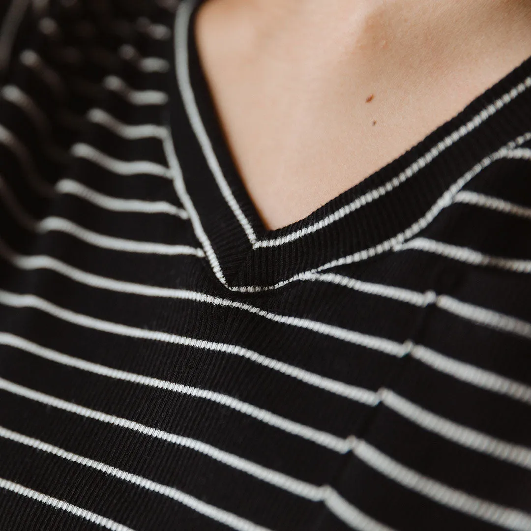 Basic V Neck Tee, Chunky Black and White Stripe plus body