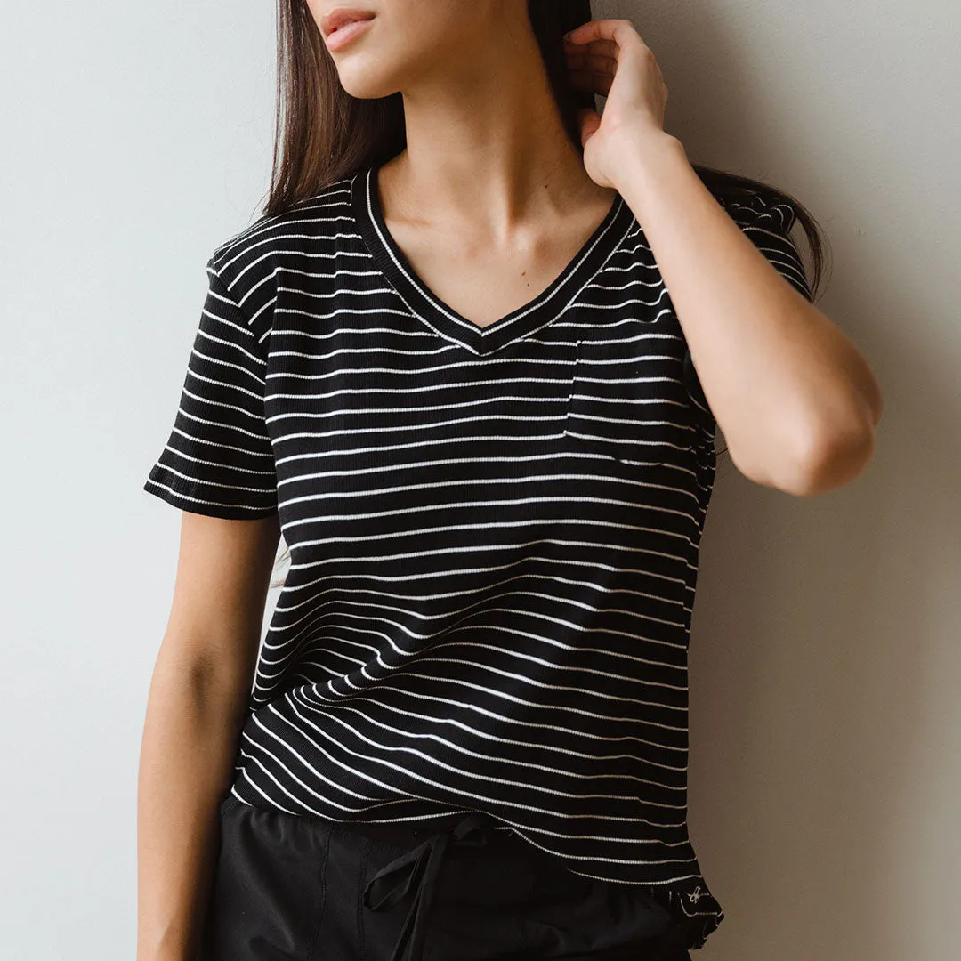 Basic V Neck Tee, Chunky Black and White Stripe plus body