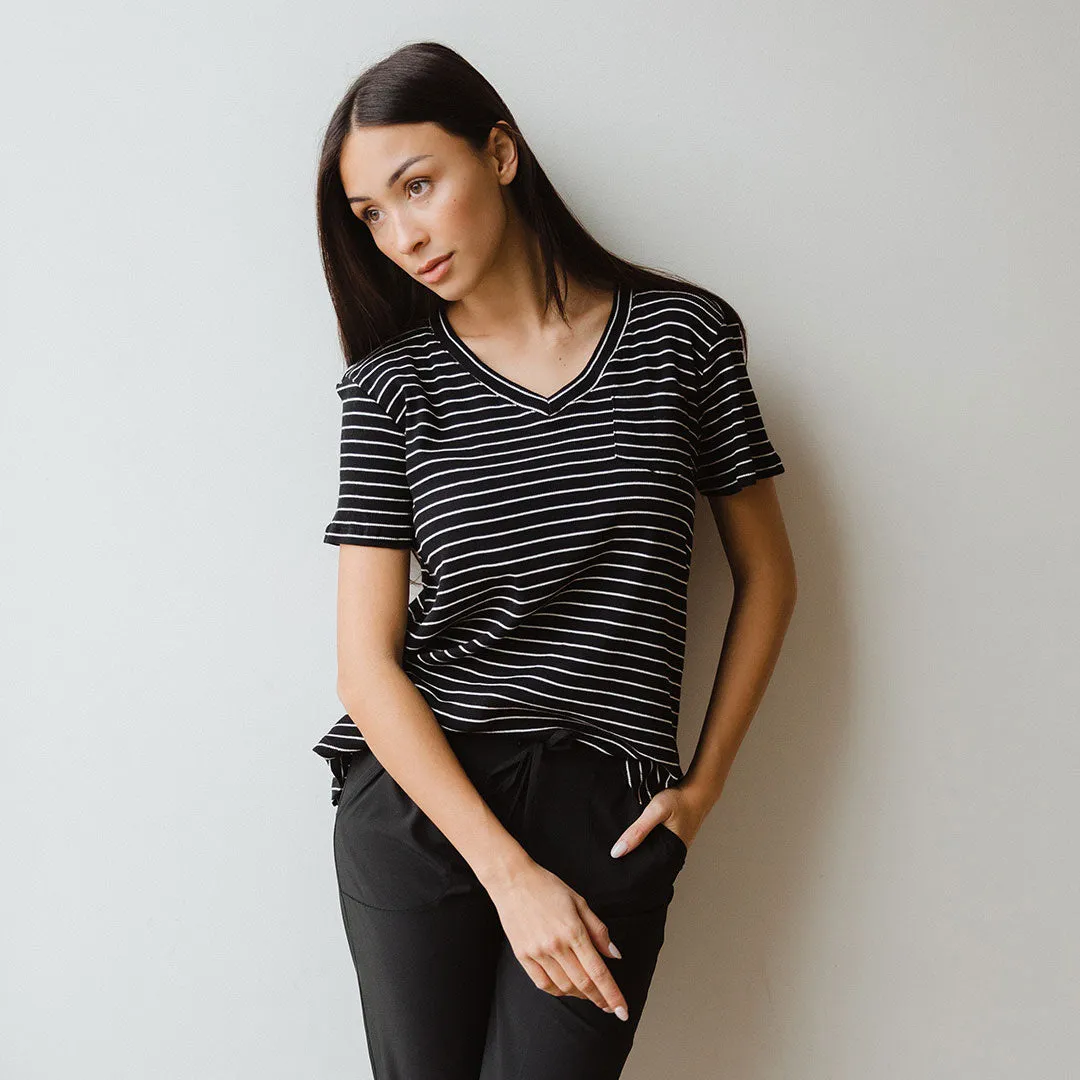 Basic V Neck Tee, Chunky Black and White Stripe plus body