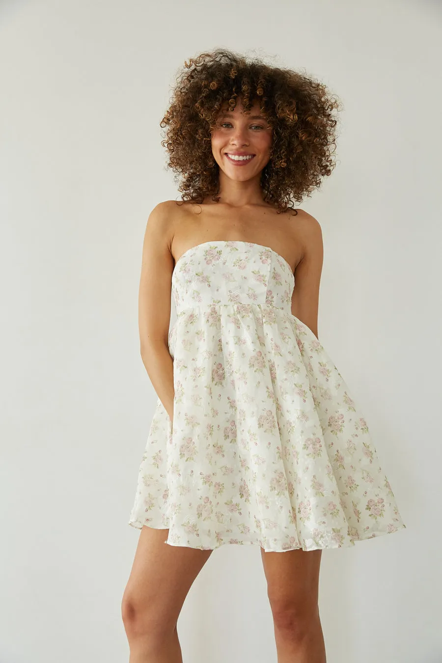Bella Floral Strapless Babydoll Mini Dress breezy line
