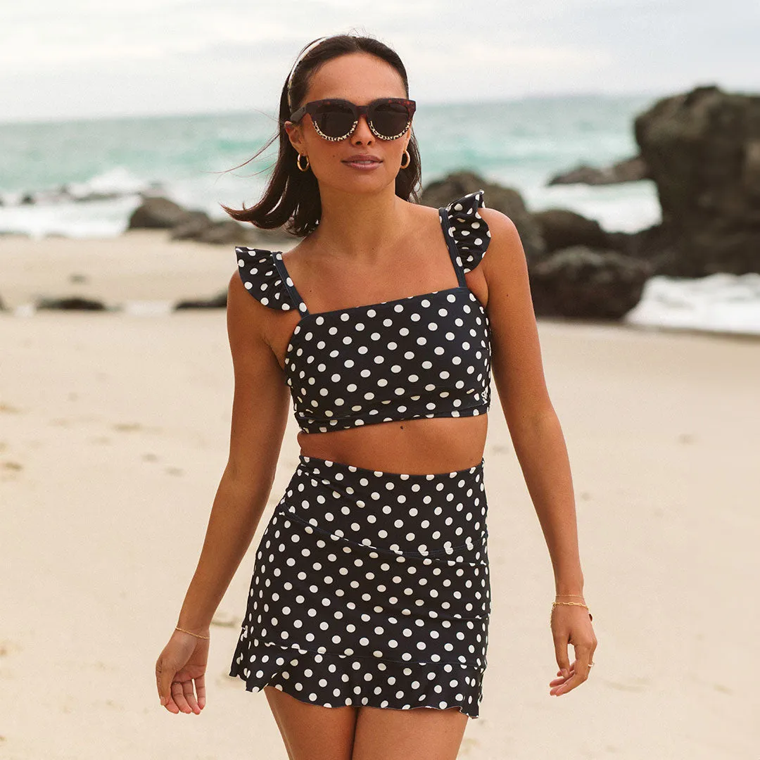 Black Polka Dot High-Waisted Swim Skirt run coast