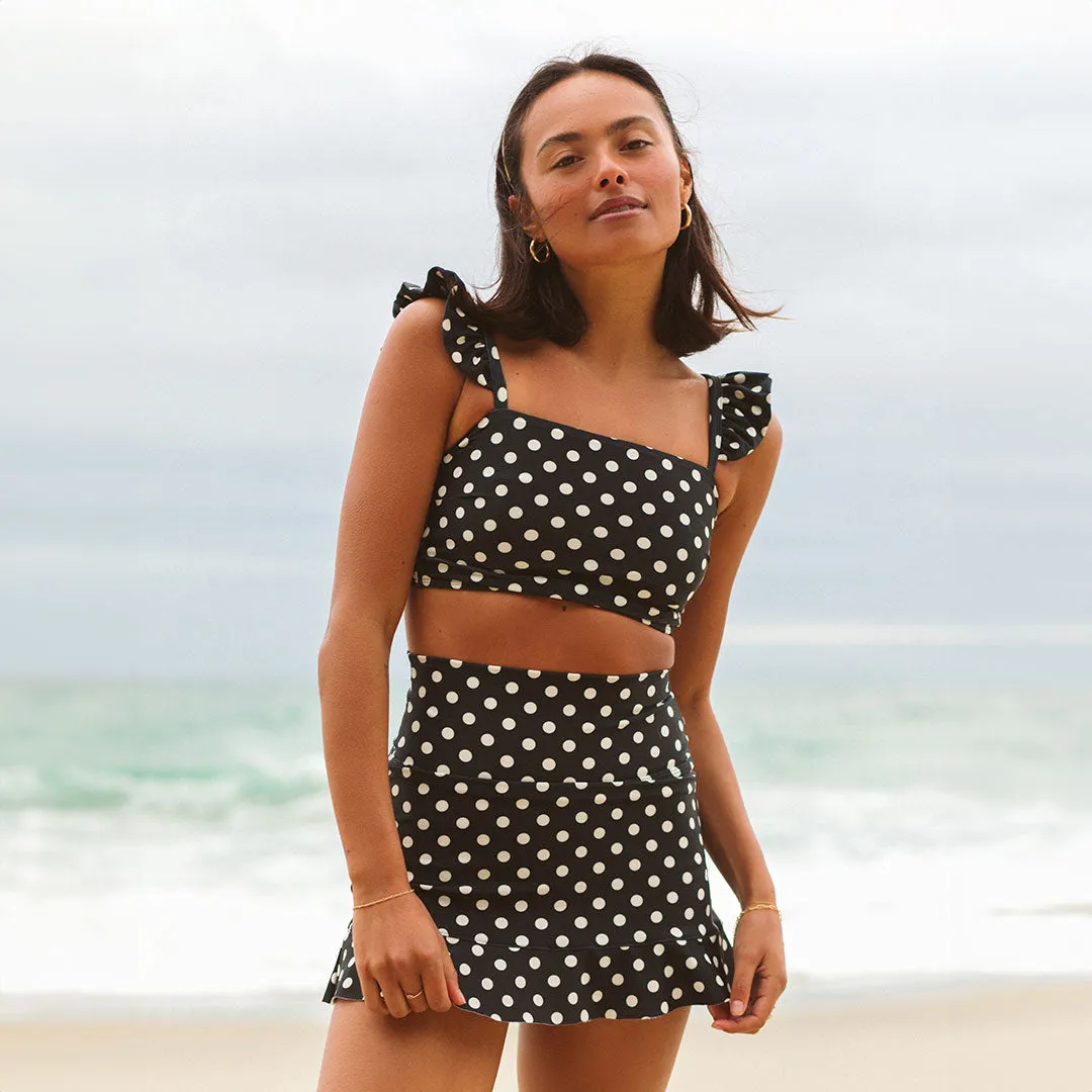 Black Polka Dot High-Waisted Swim Skirt run coast
