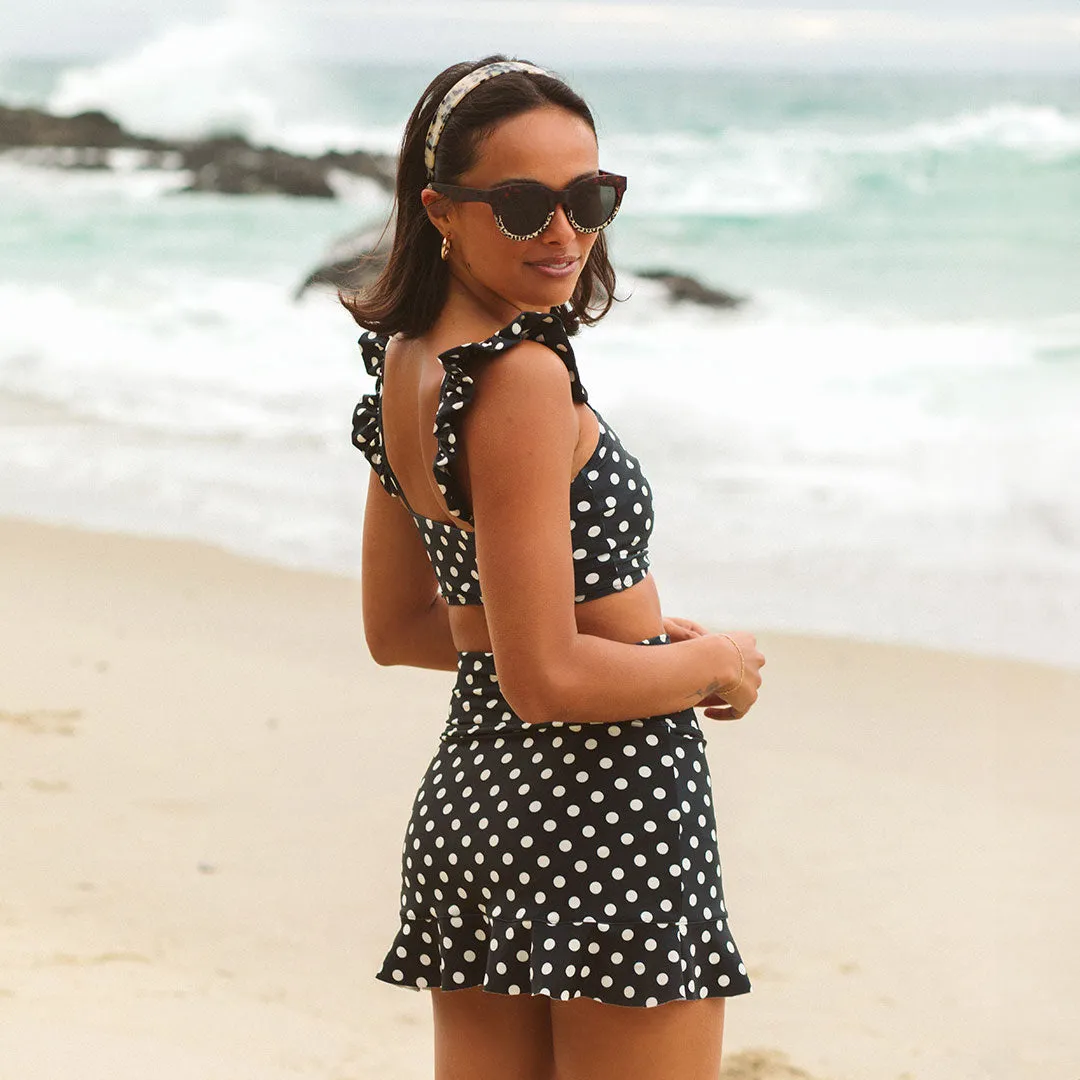 Black Polka Dot High-Waisted Swim Skirt run coast