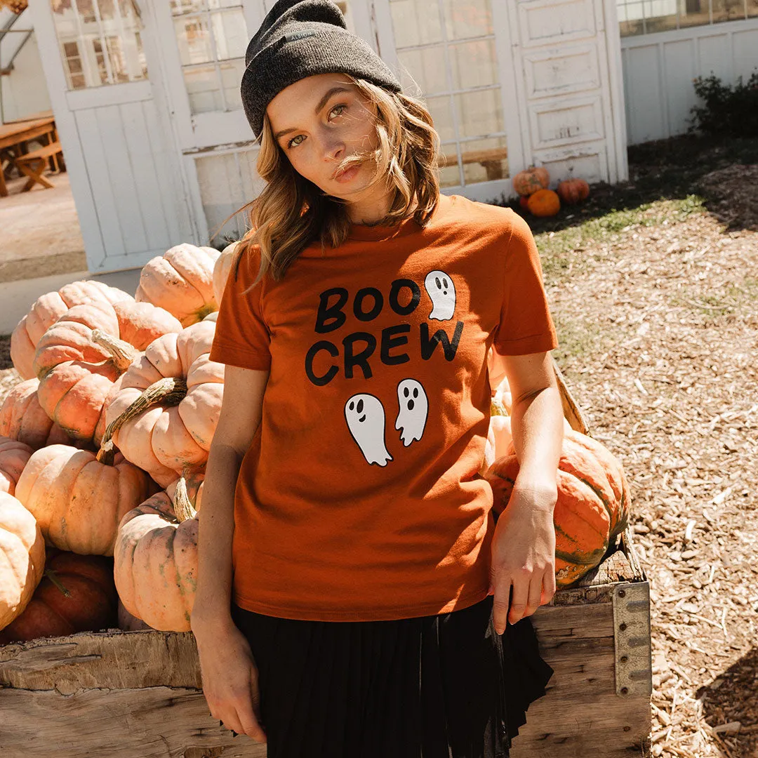 Boyfriend Tee, Burnt Orange Boo Crew bold font