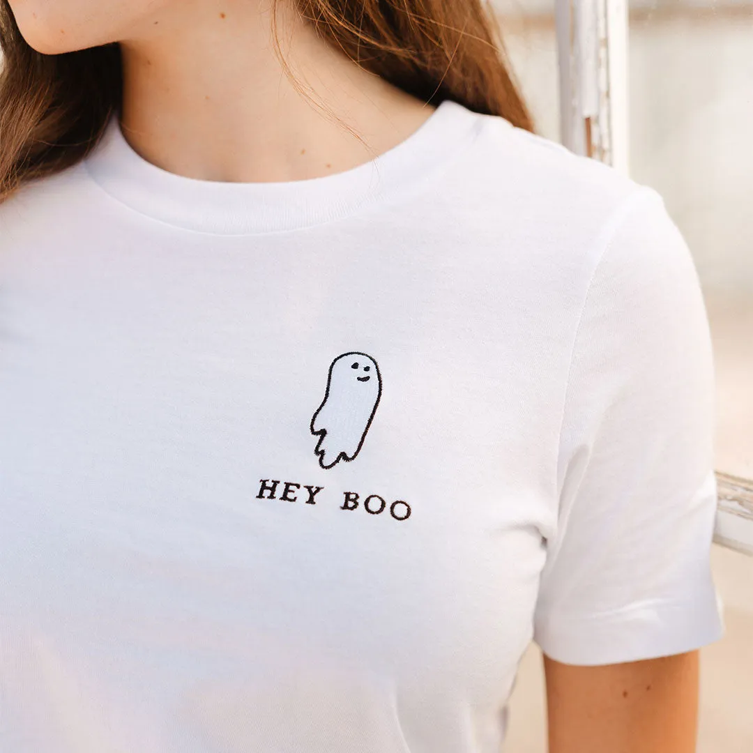 Boyfriend Tee, White Embroidered Hey Boo quiet glow