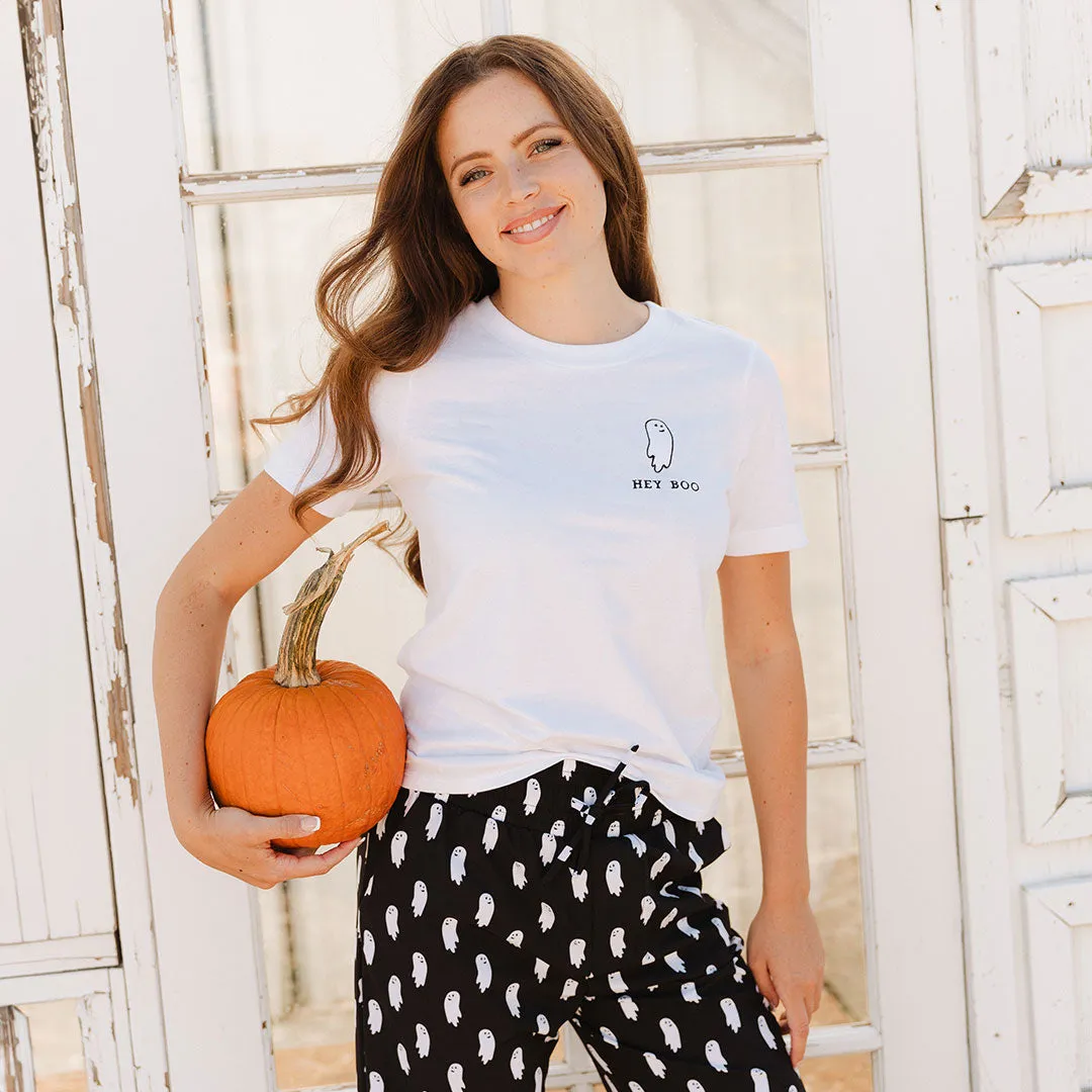 Boyfriend Tee, White Embroidered Hey Boo quiet glow