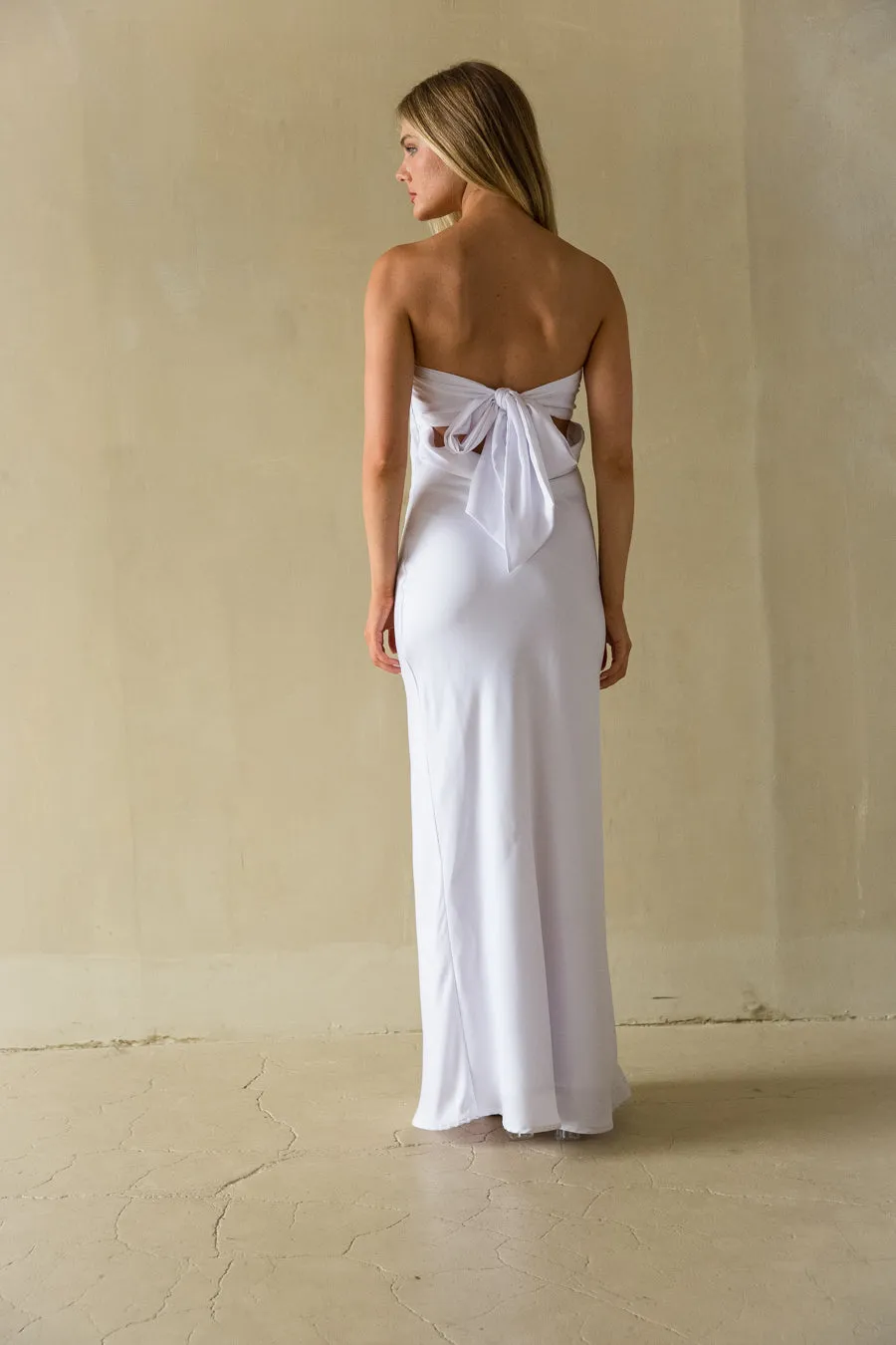 Britt Strapless Tie Back Maxi Dress bare arm
