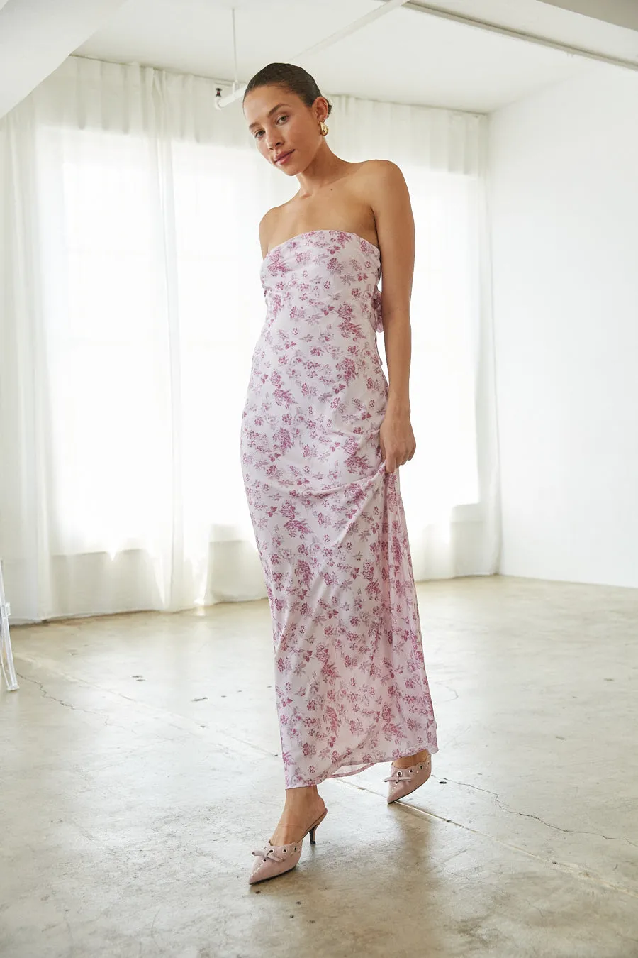 Britt Strapless Tie Back Maxi Dress bare arm