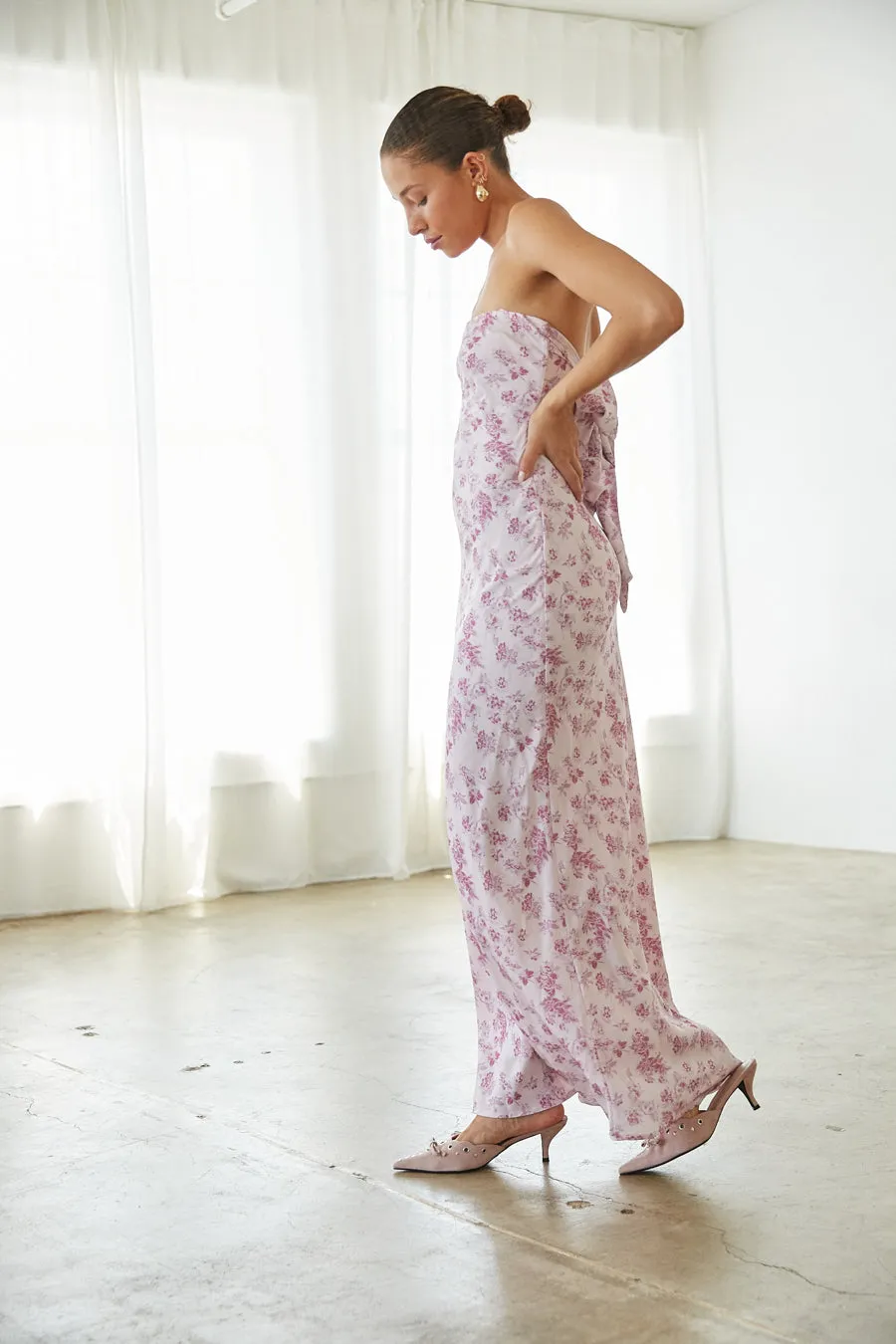 Britt Strapless Tie Back Maxi Dress bare arm
