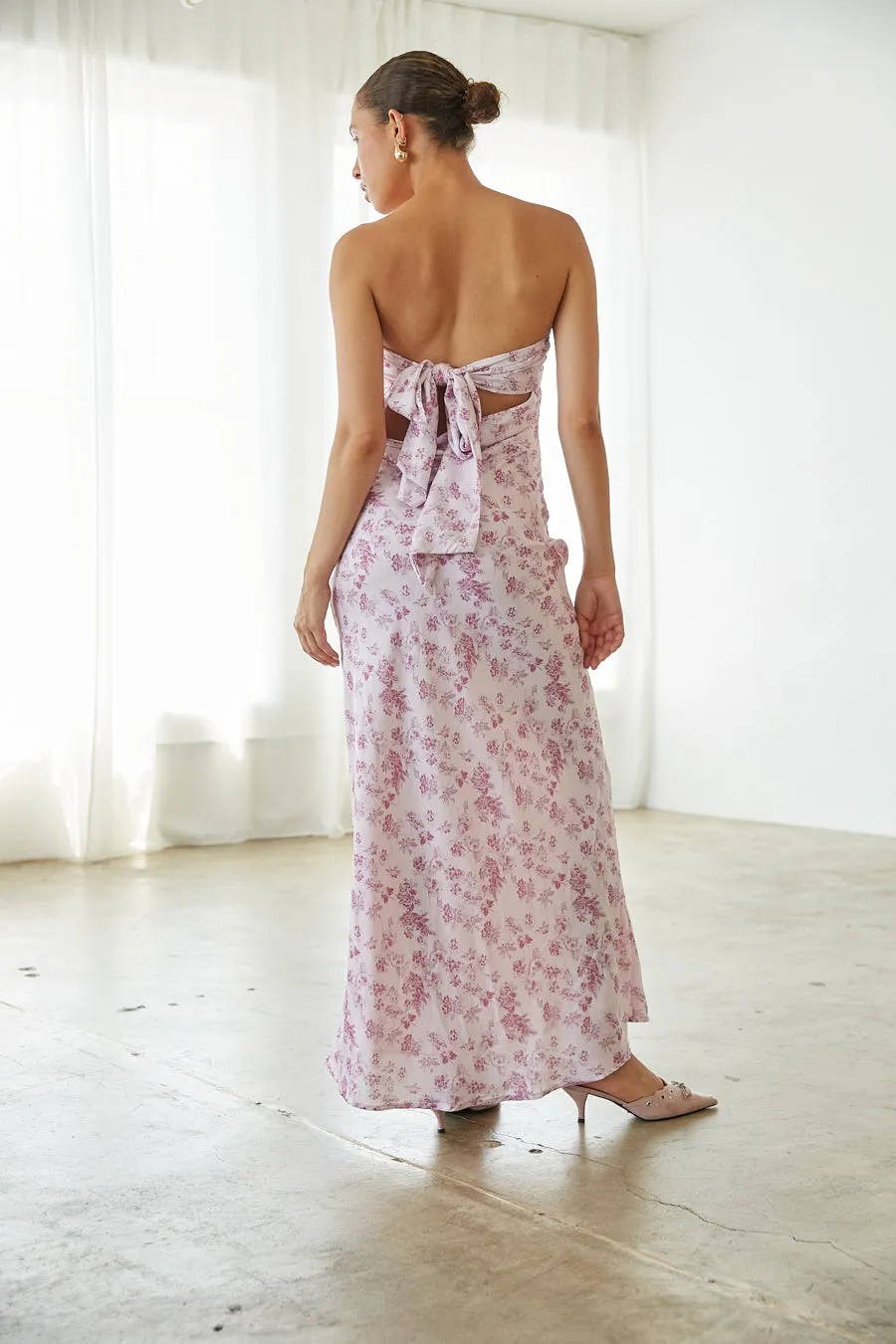 Britt Strapless Tie Back Maxi Dress bare arm