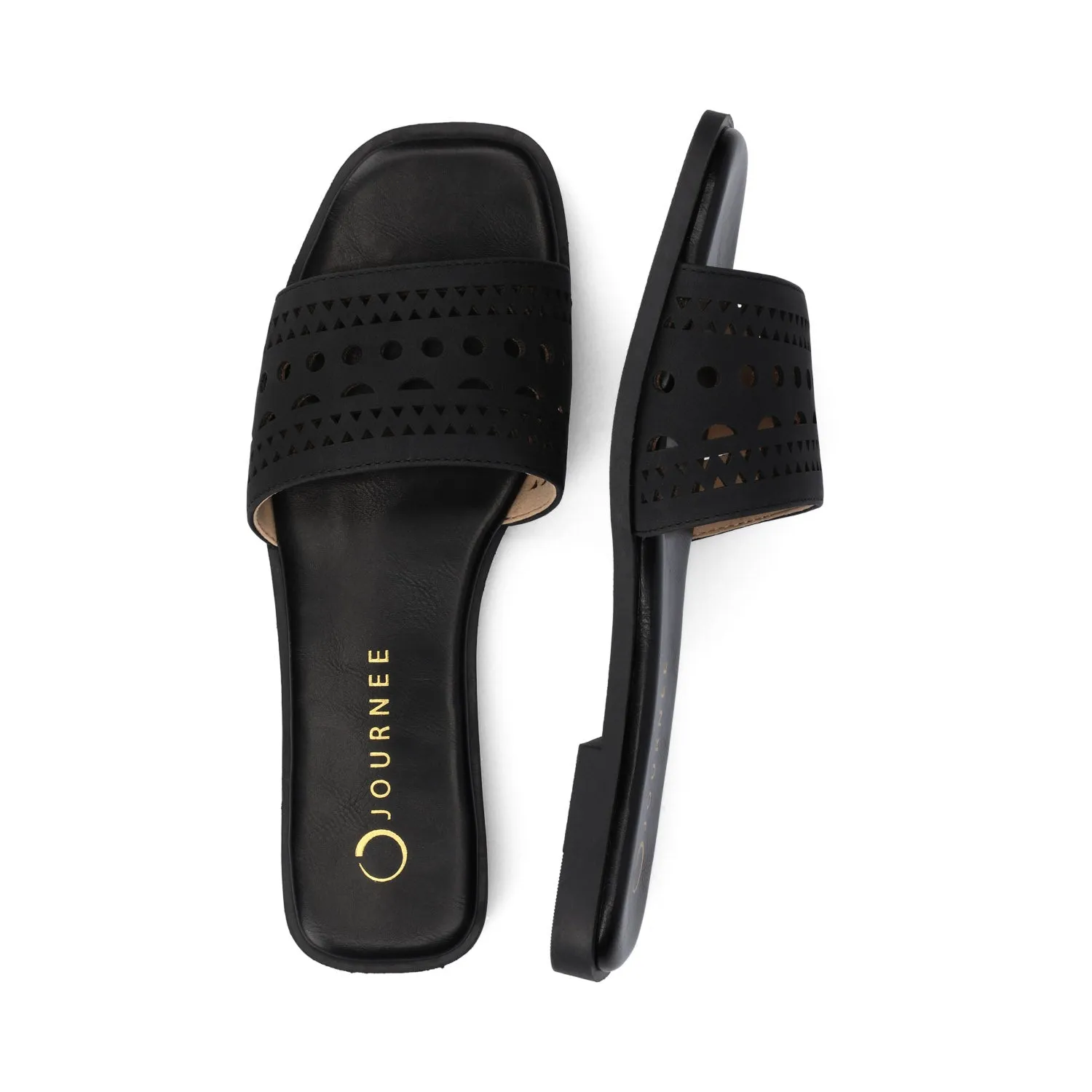 BRODIE SLIDE SANDALS IN FAUX LEATHER spring vibe