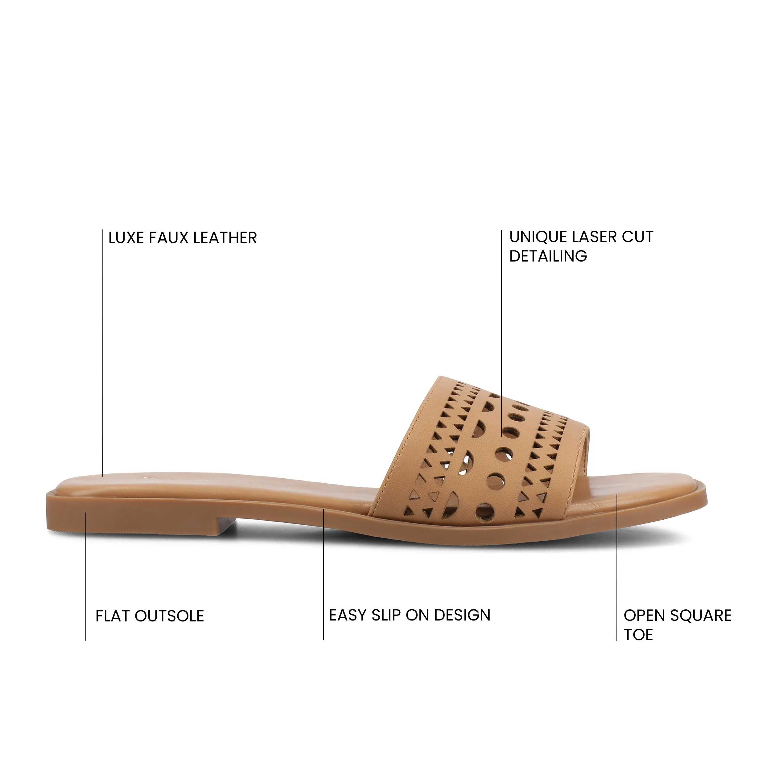 BRODIE SLIDE SANDALS IN FAUX LEATHER spring vibe