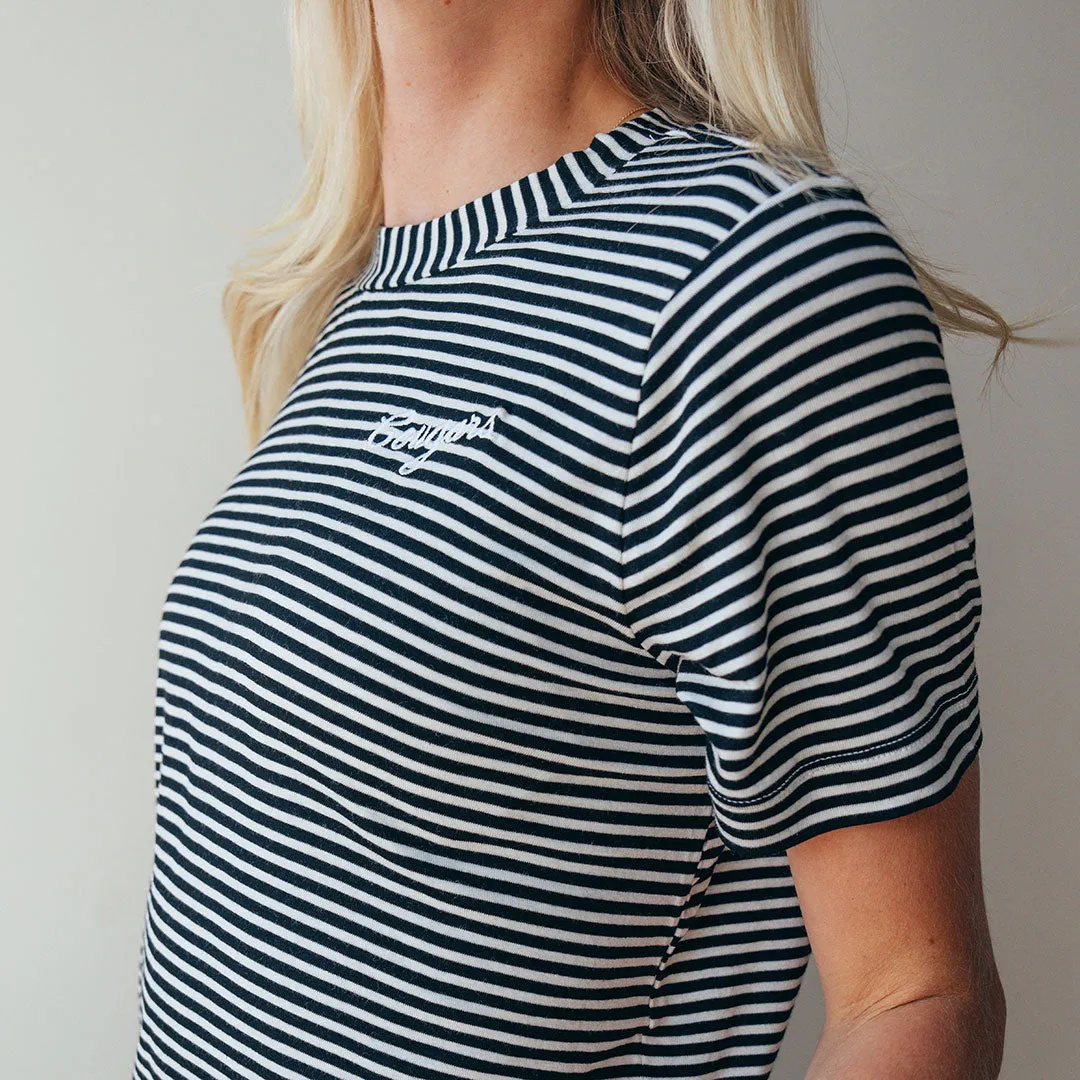 BYU Boyfriend Tee, Black and Ivory Stripe quote print