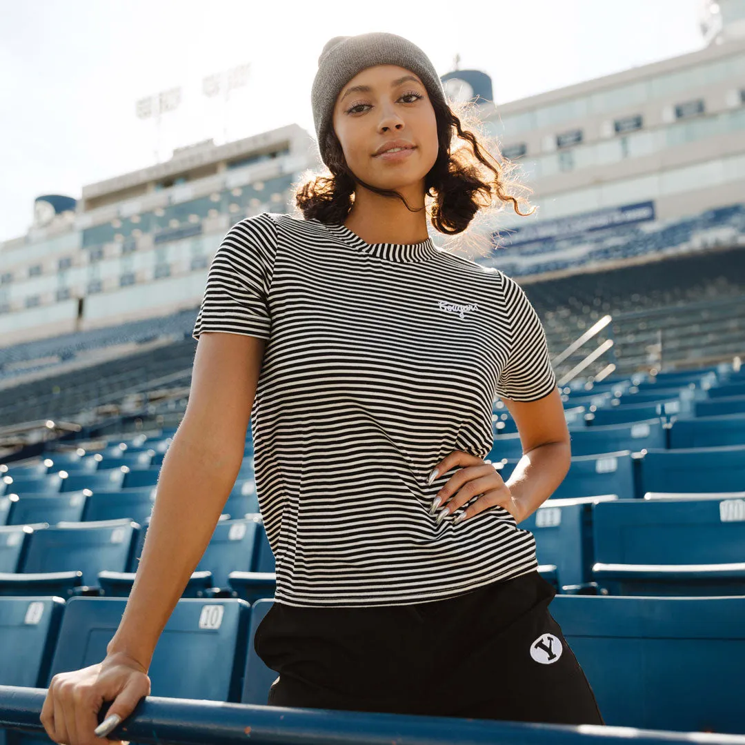BYU Boyfriend Tee, Black and Ivory Stripe quote print