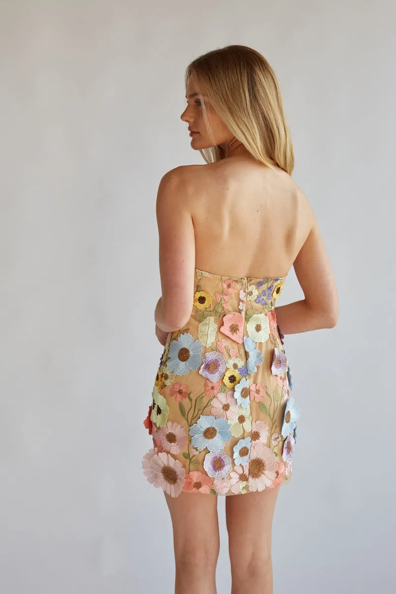 Candice Strapless Floral Lace Mini Dress soft power