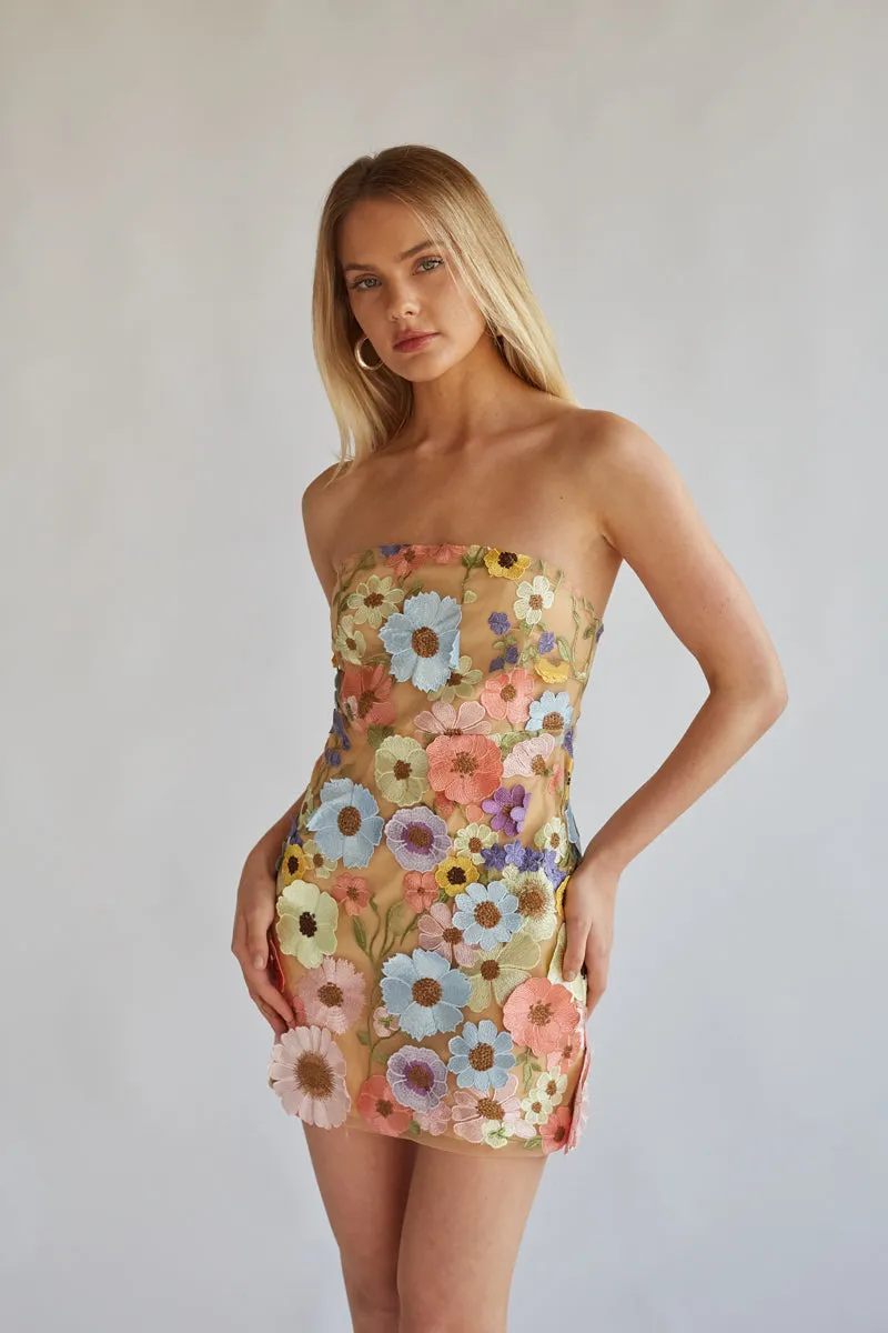 Candice Strapless Floral Lace Mini Dress soft power