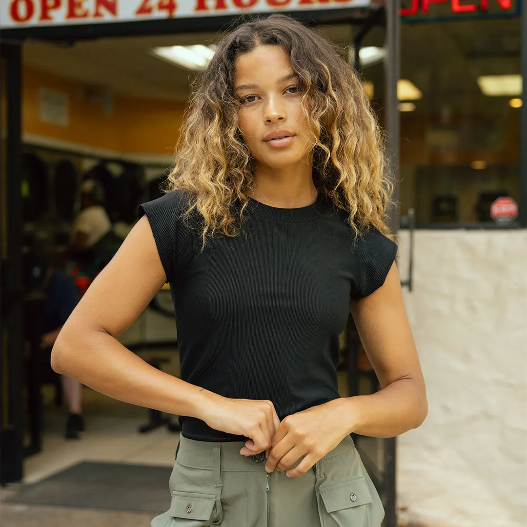 Cap Sleeve Ribbed Tee, Black ride cool
