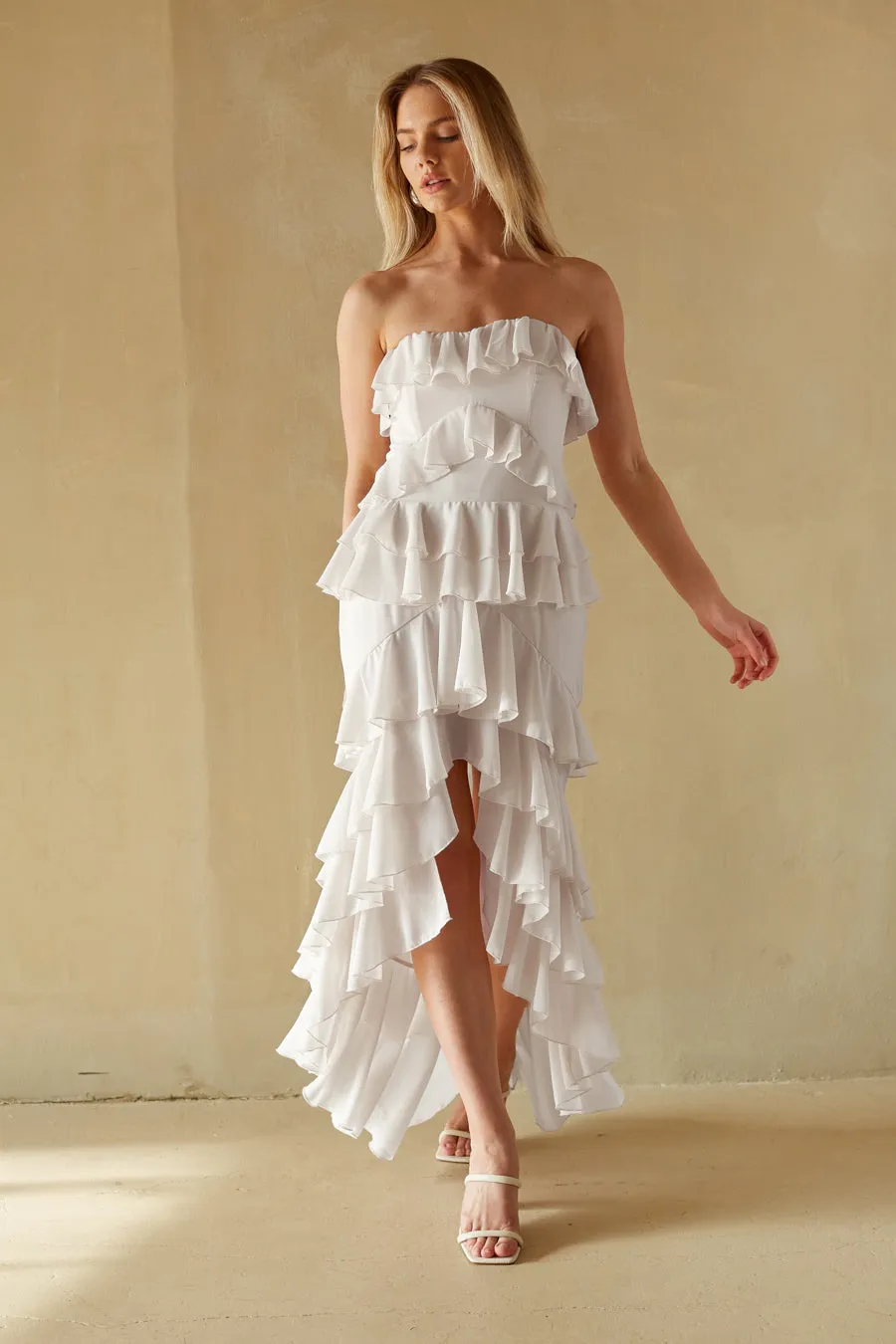 Clementine Strapless High Low Ruffle Maxi Dress fall breeze