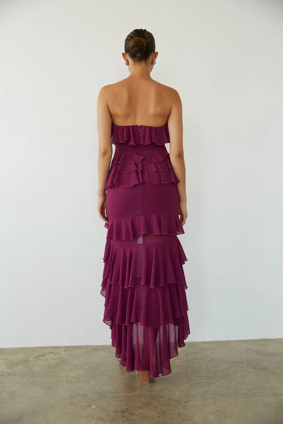 Clementine Strapless High Low Ruffle Maxi Dress fall breeze