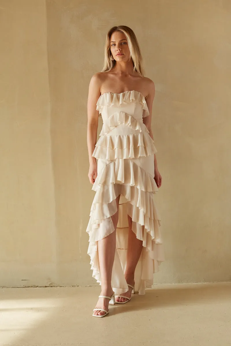 Clementine Strapless High Low Ruffle Maxi Dress fall breeze