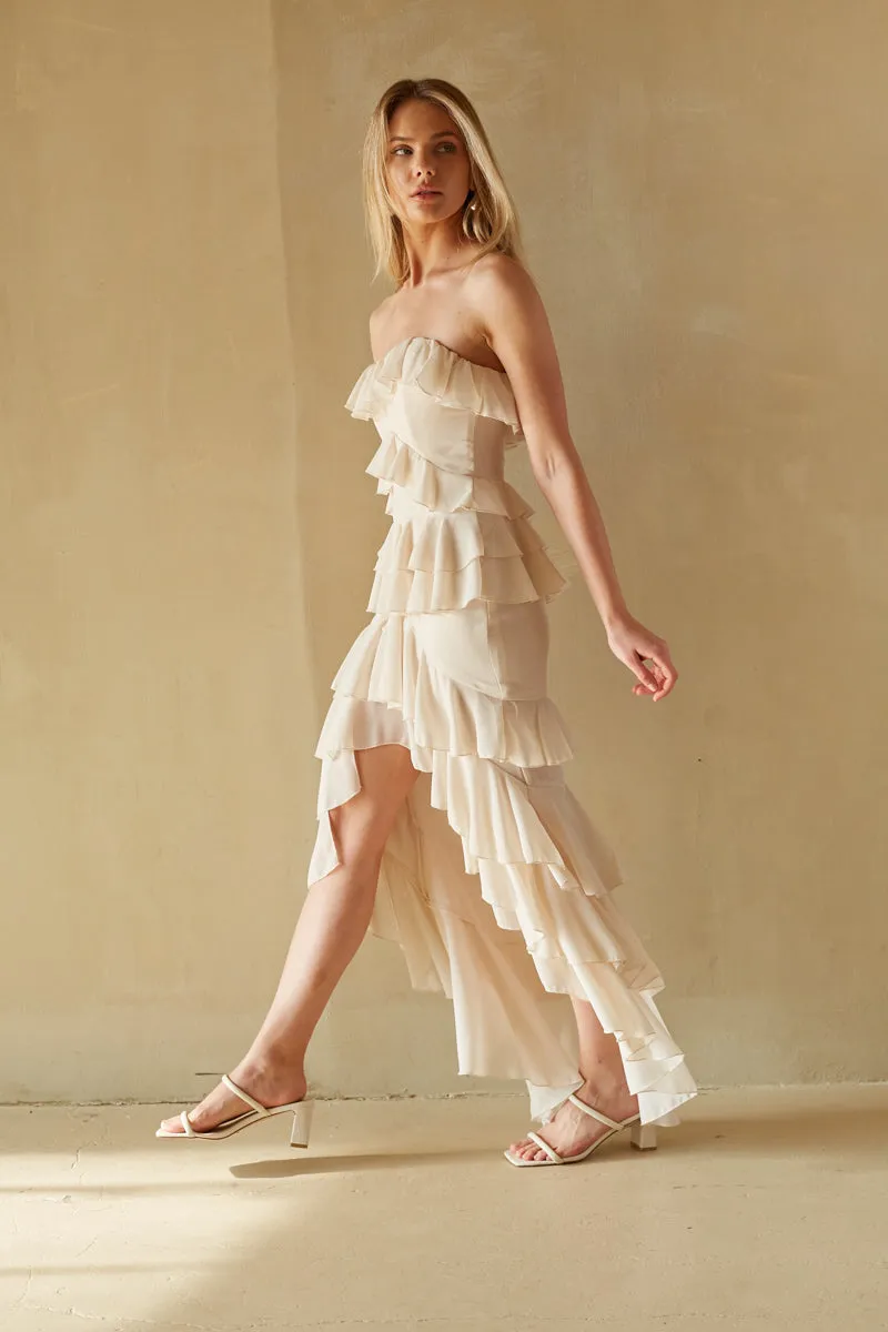 Clementine Strapless High Low Ruffle Maxi Dress fall breeze