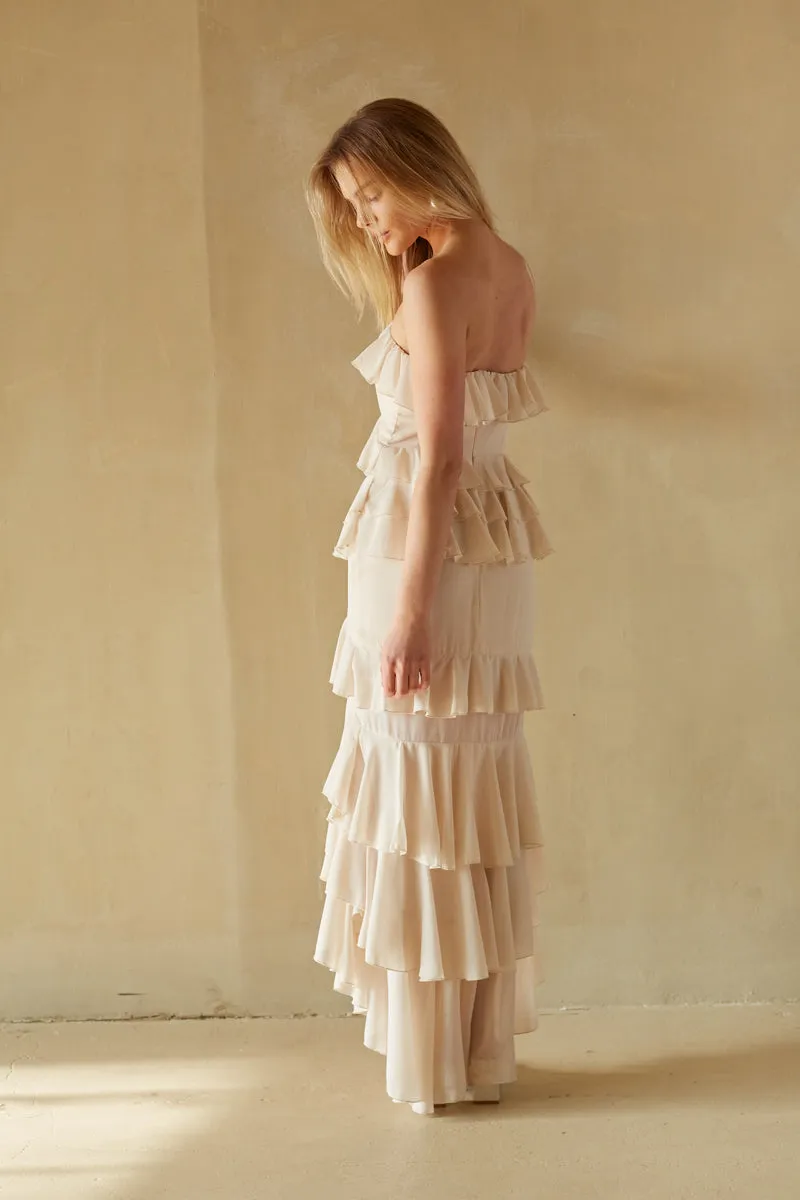 Clementine Strapless High Low Ruffle Maxi Dress fall breeze