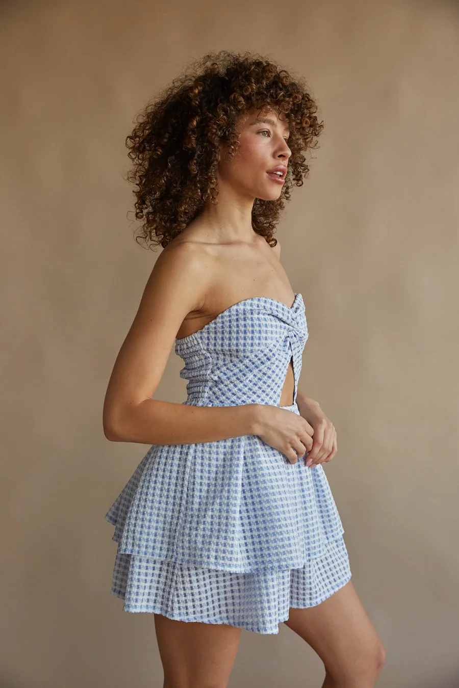Darla Gingham Strapless Twist Front Babydoll Mini Dress casual charm