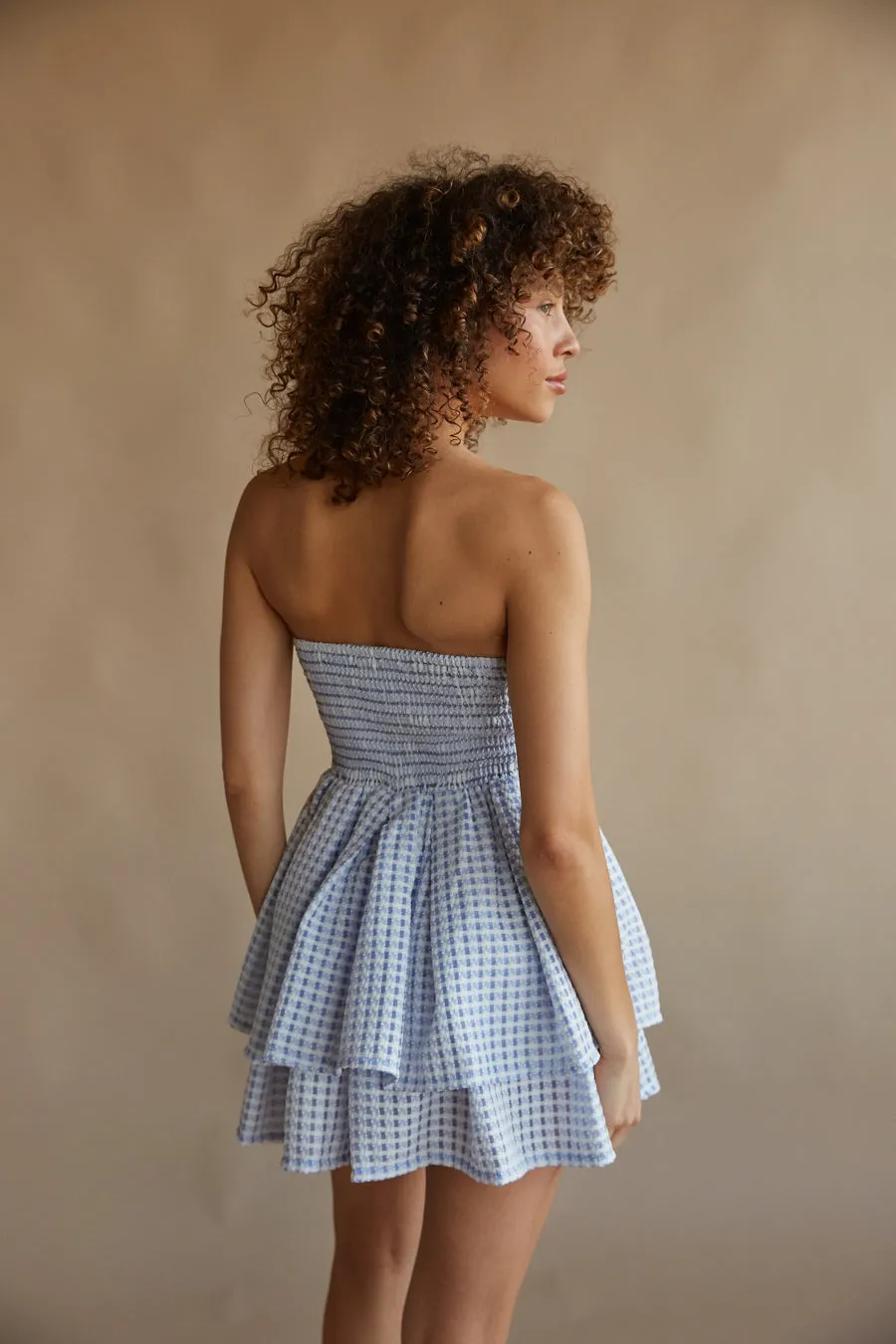 Darla Gingham Strapless Twist Front Babydoll Mini Dress casual charm