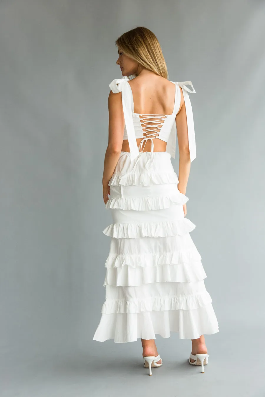 Dawn Bow Strap Bustier Top   Tiered Ruffle Skirt Set photo fit